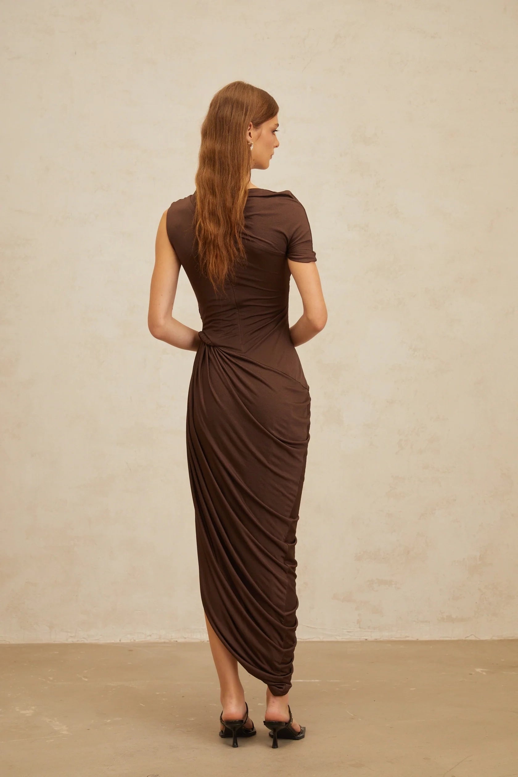 Brown Asymmetric Draped Midi Dress with Stud Detail Prune Brown Night Out Asymmetrical Ruched Midi Dress Evening Dress