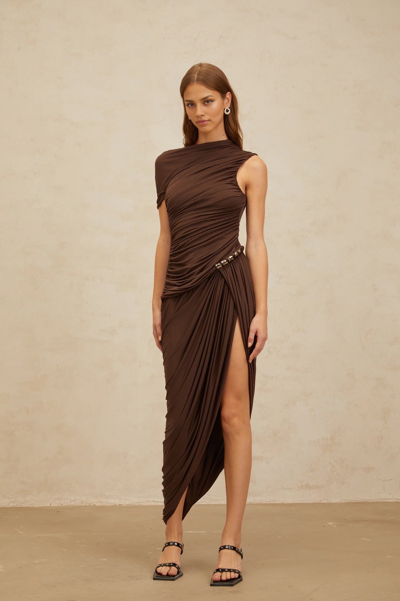 Brown Asymmetric Draped Midi Dress with Stud Detail Prune Brown Night Out Asymmetrical Ruched Midi Dress Evening Dress