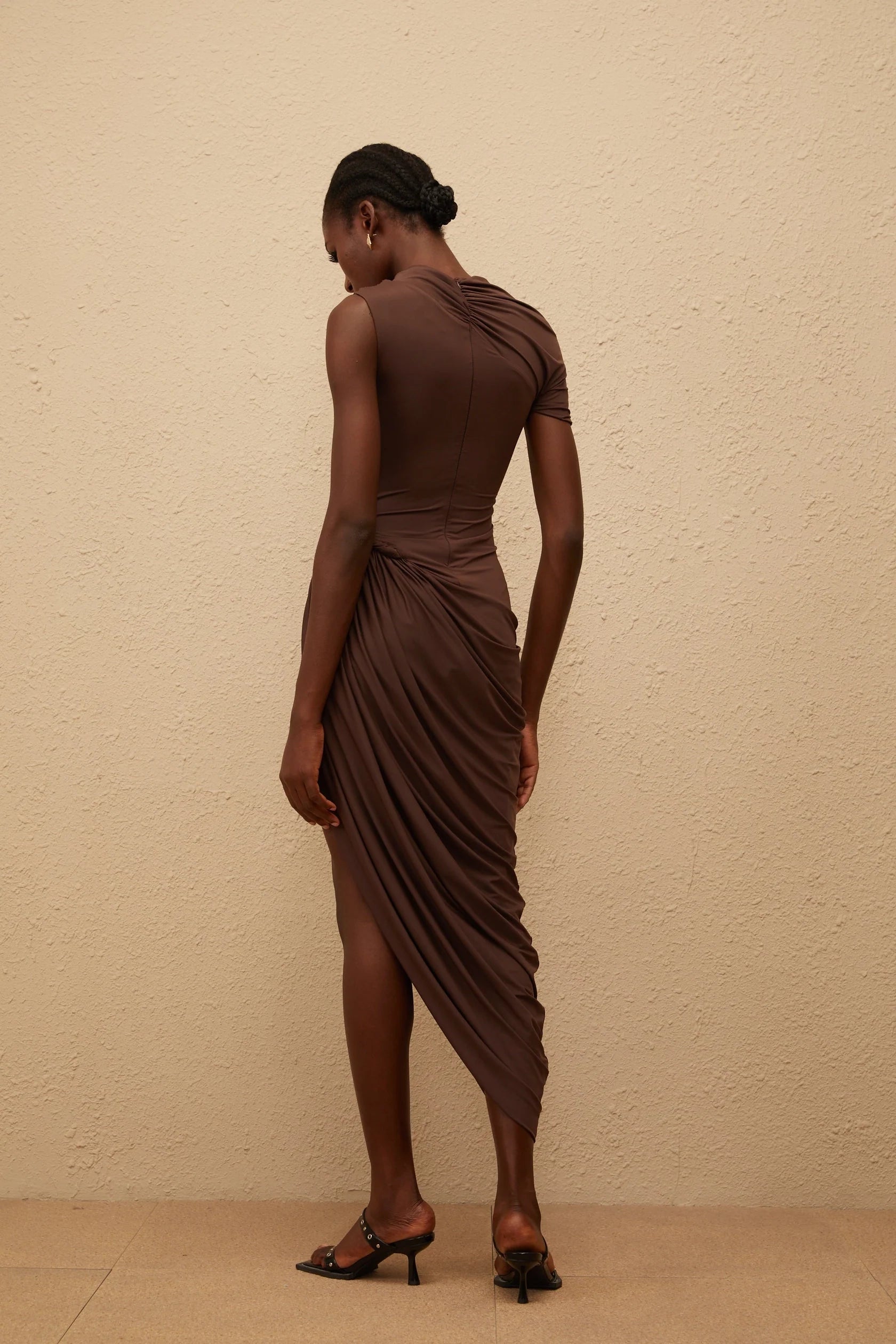 Brown Asymmetric Ruched Dress with Stud Detail Prune Brown Night Out Asymmetrical Ruched Midi Dress Evening Dress