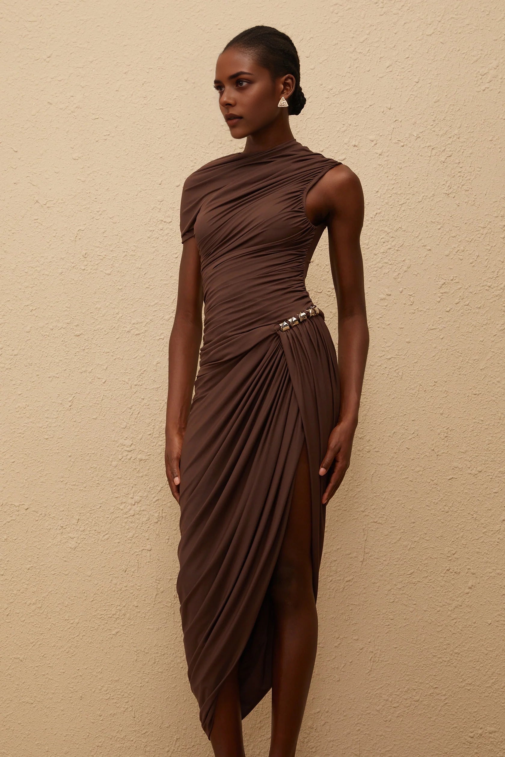 Brown Asymmetric Ruched Dress with Stud Detail Prune Brown Night Out Asymmetrical Ruched Midi Dress Evening Dress