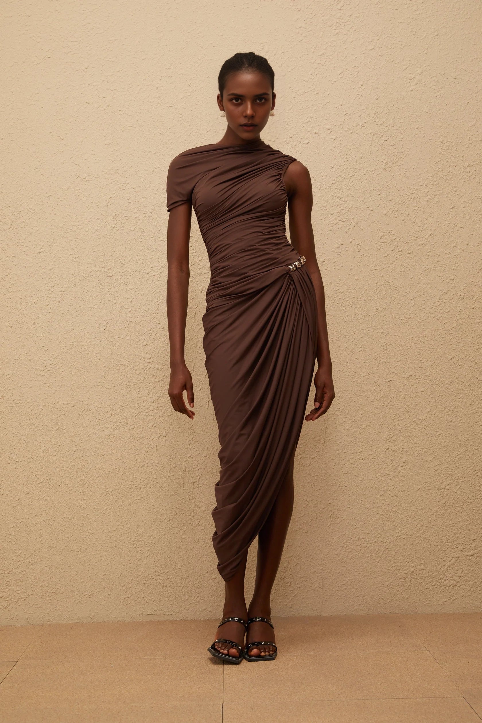 Brown Asymmetric Ruched Dress with Stud Detail Prune Brown Night Out Asymmetrical Ruched Midi Dress Evening Dress