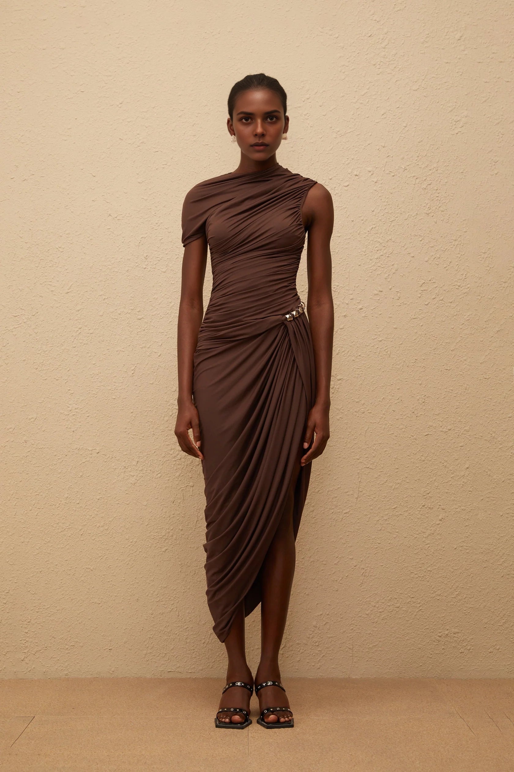 Brown Asymmetric Ruched Dress with Stud Detail Prune Brown Night Out Asymmetrical Ruched Midi Dress Evening Dress