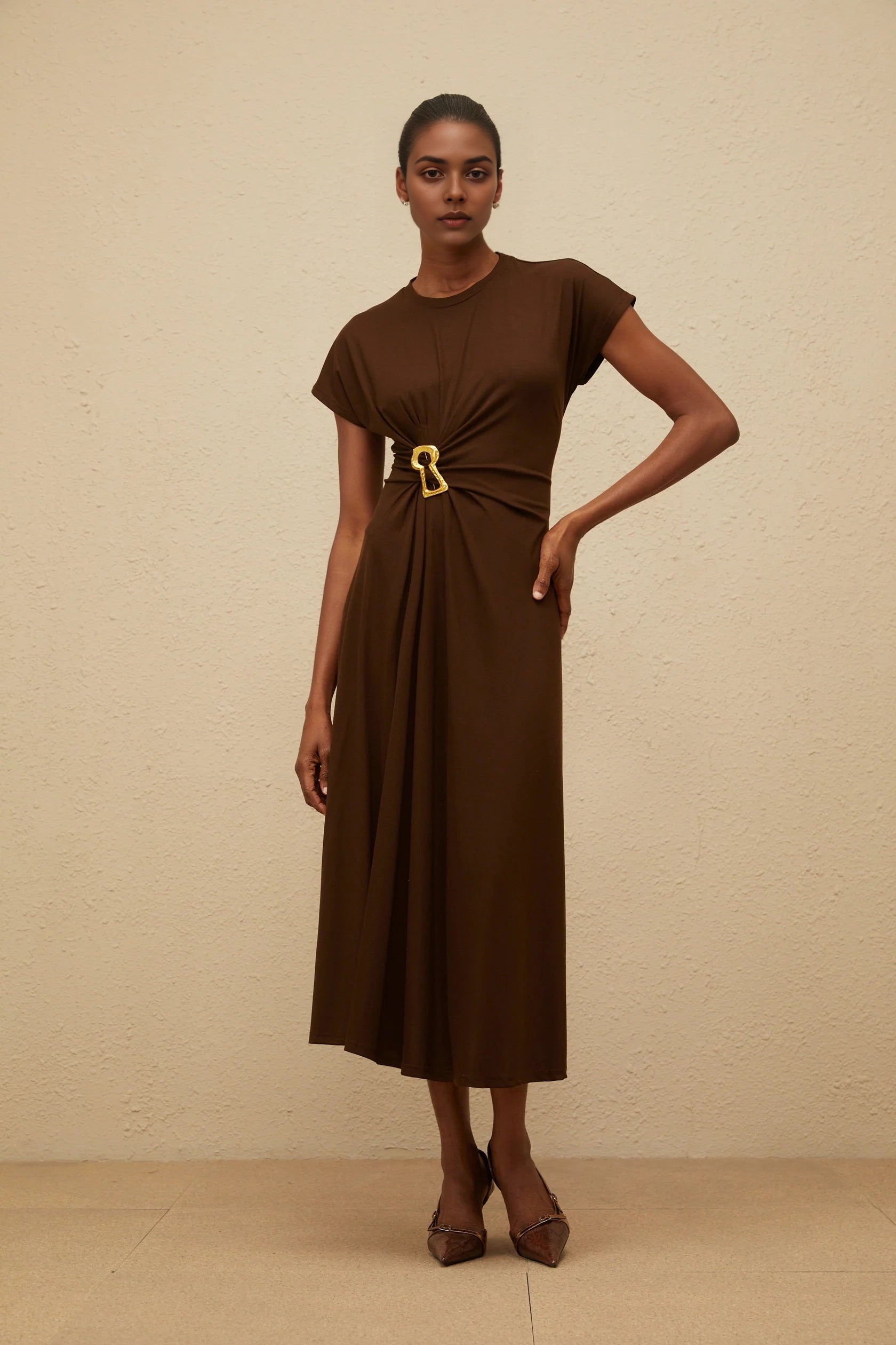 Brown Cap - Sleeve Midi Dress with Gold Buckle Brown Gathered Keyhole Midi Dress   Evening Dress