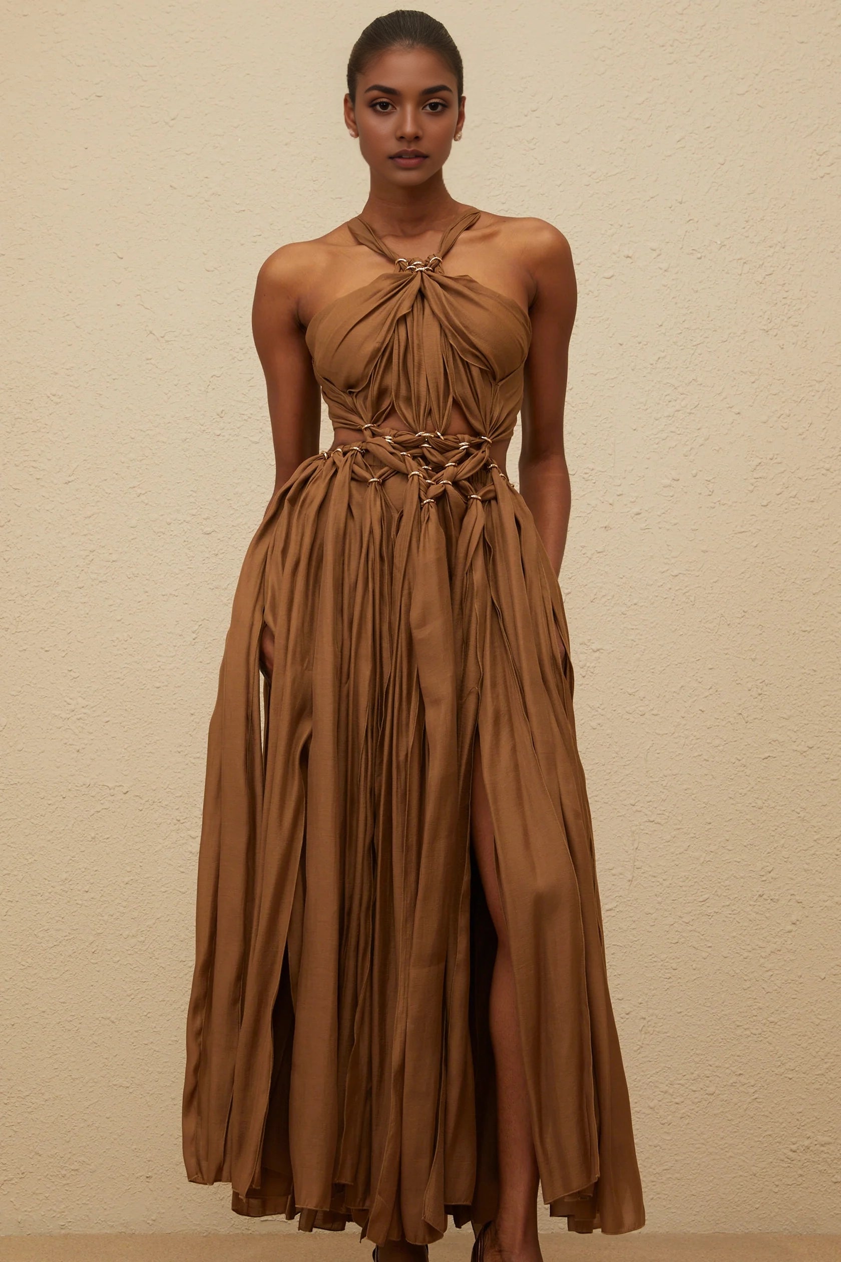 Brown Halter Neck Maxi Dress with Cutout Detail Brown Braided Cutout Shirred Dress Evening Dress