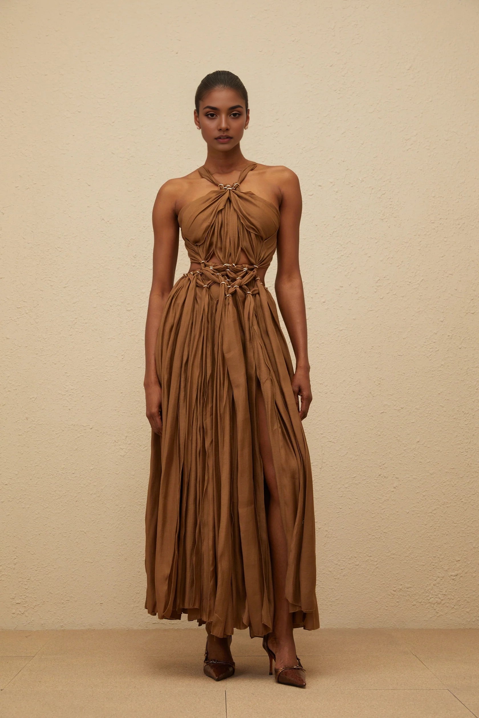 Brown Halter Neck Maxi Dress with Cutout Detail Brown Braided Cutout Shirred Dress Evening Dress