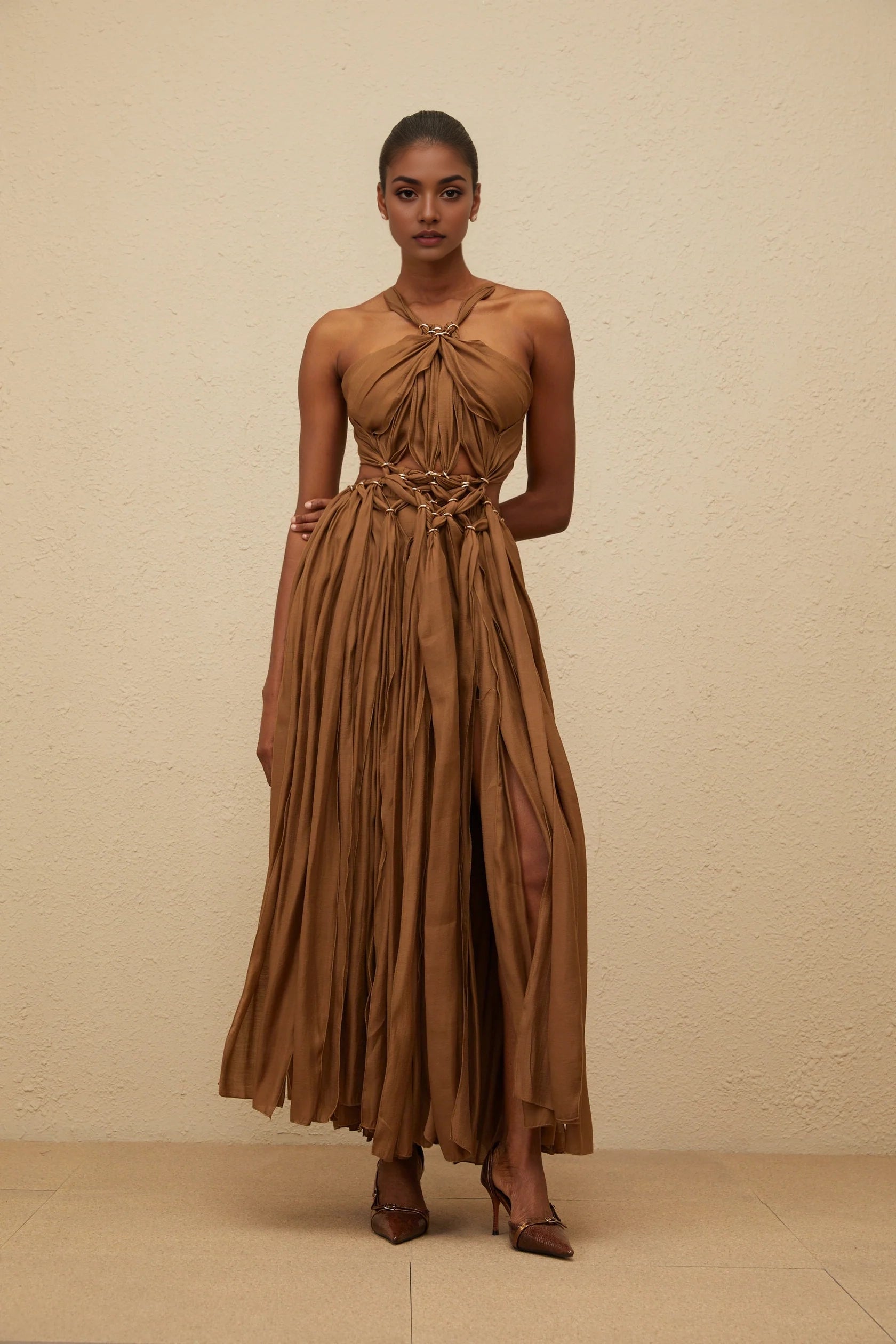 Brown Halter Neck Maxi Dress with Cutout Detail Brown Braided Cutout Shirred Dress Evening Dress