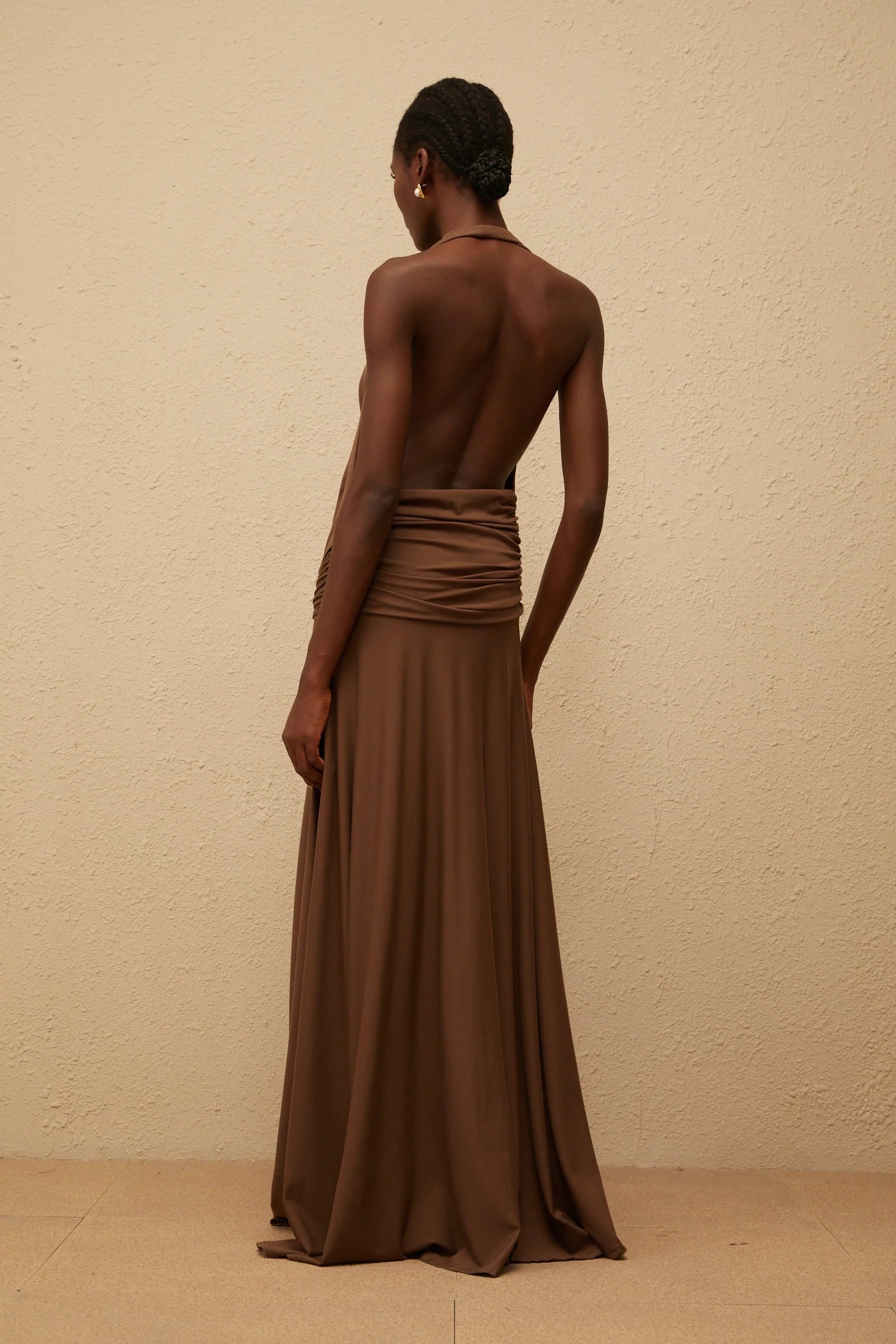 Brown Halter Neck Maxi Dress with Open Back Minna Brown Halterneck Twisted Maxi Dress Evening Dress