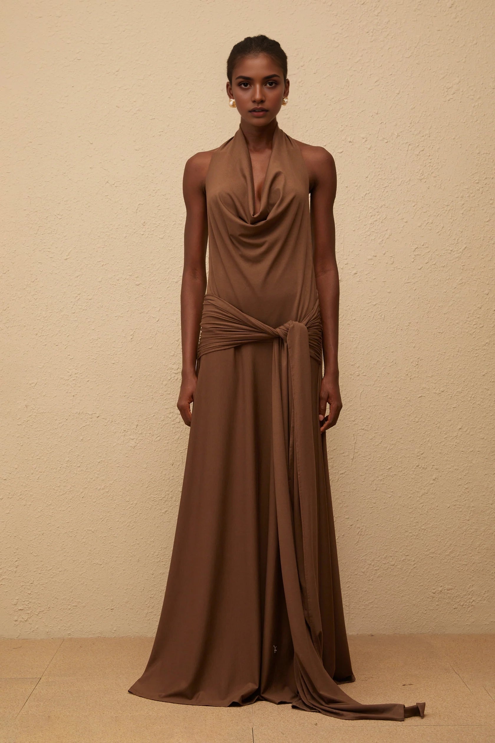 Brown Halter Neck Maxi Dress with Open Back Minna Brown Halterneck Twisted Maxi Dress Evening Dress