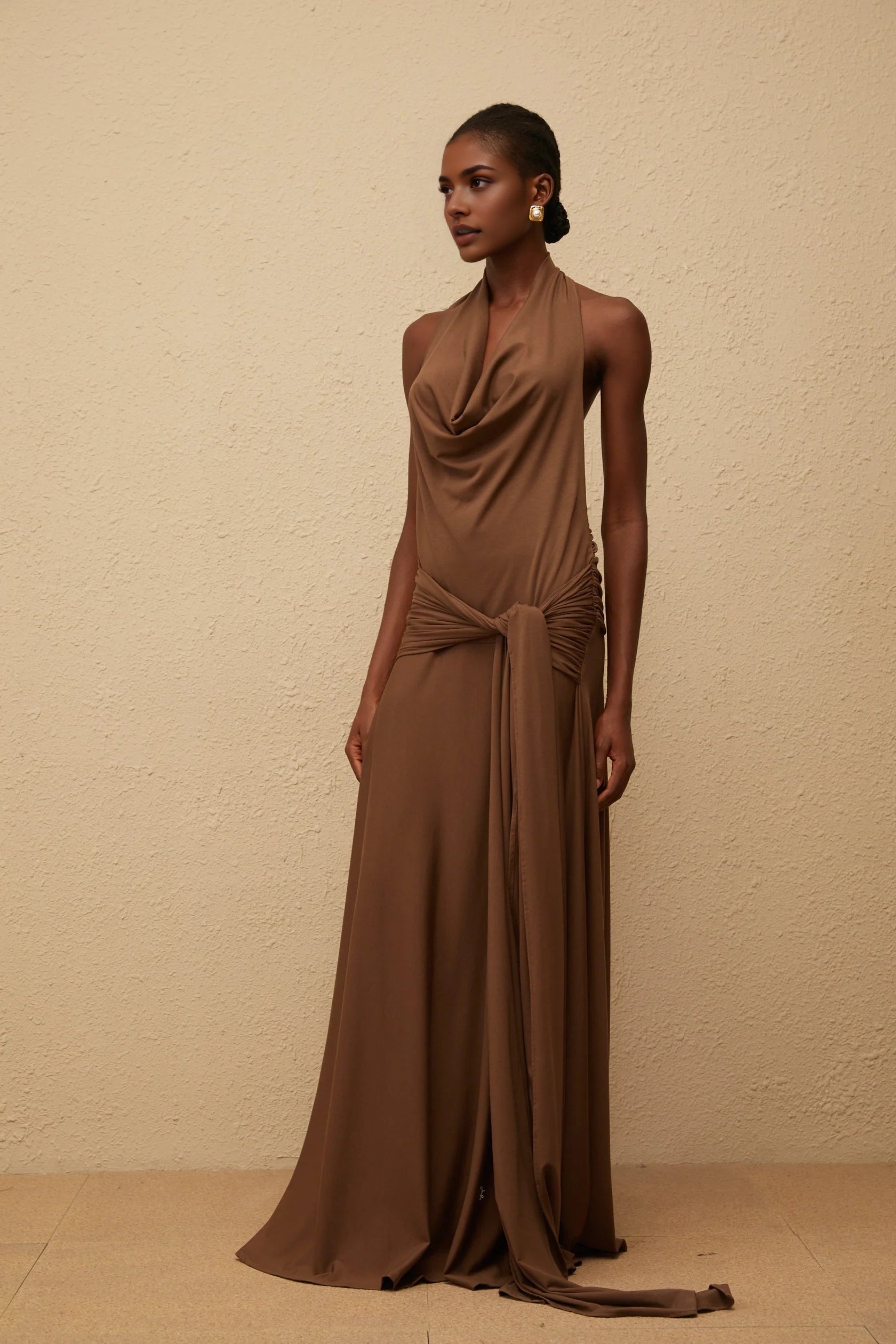 Brown Halter Neck Maxi Dress with Open Back Minna Brown Halterneck Twisted Maxi Dress Evening Dress