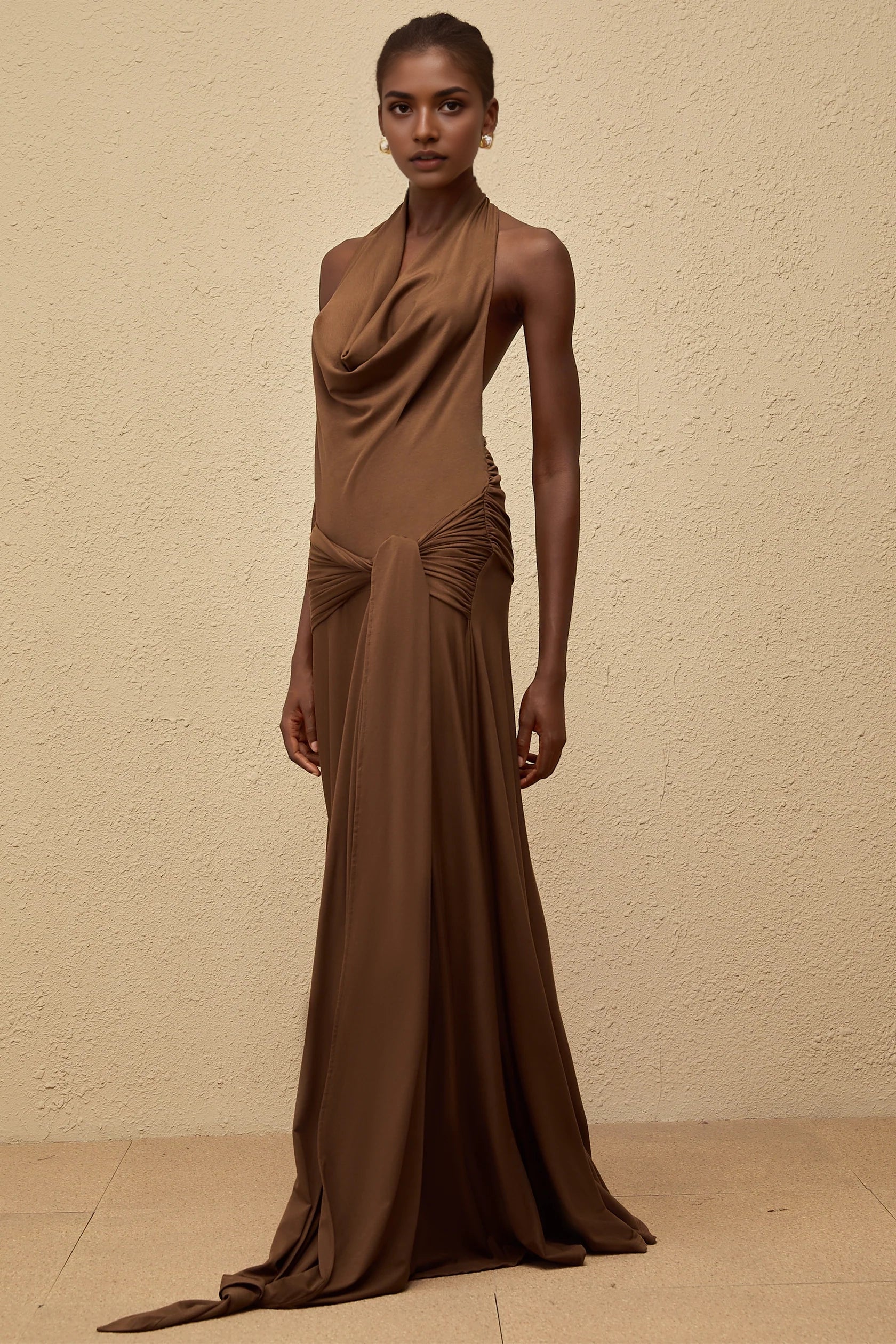 Brown Halter Neck Maxi Dress with Open Back Minna Brown Halterneck Twisted Maxi Dress Evening Dress