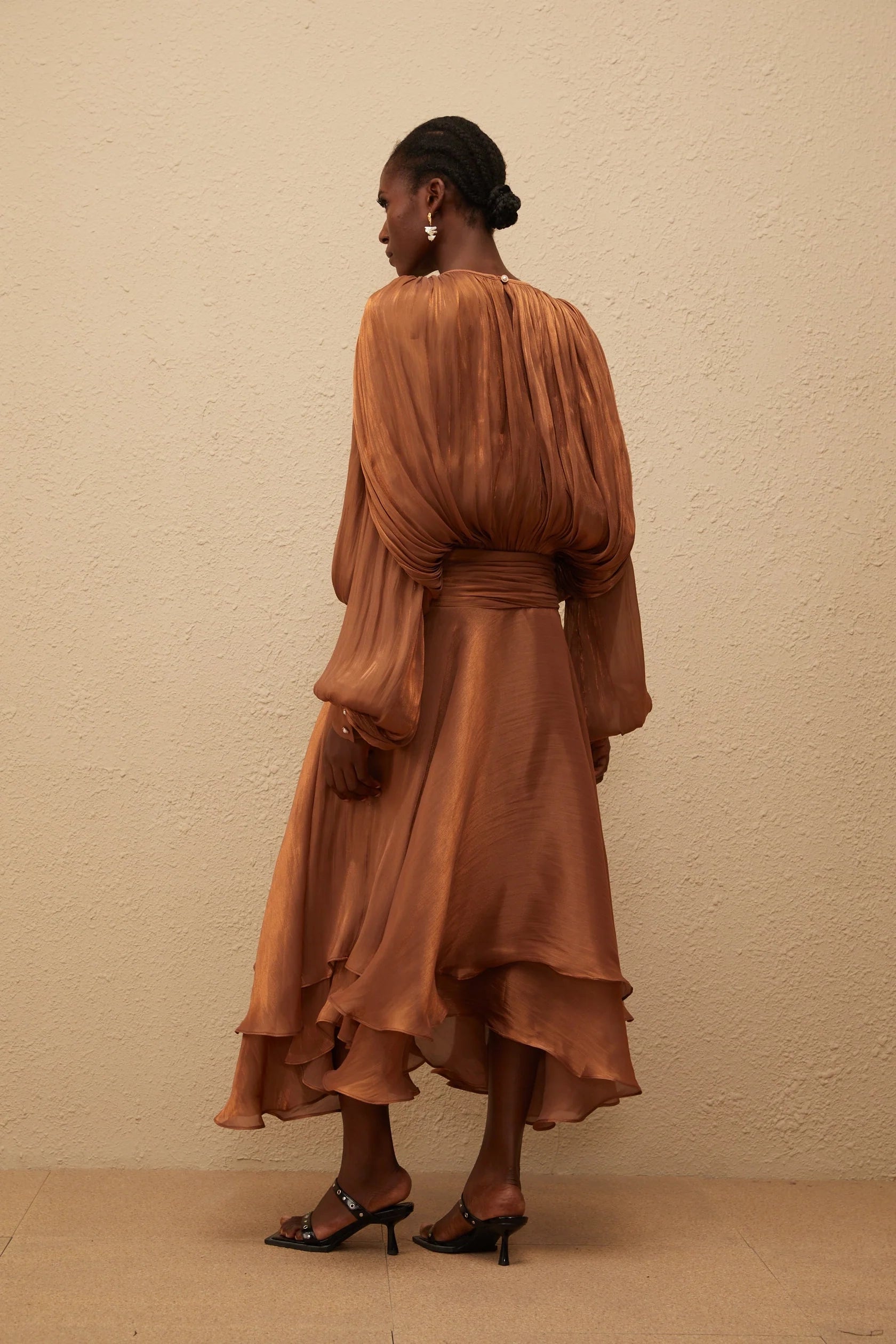 Brown Long Sleeve Midi Dress with Ruffled Hem Pleated Ruffle Maxi Dress in Brown   Evening Dress