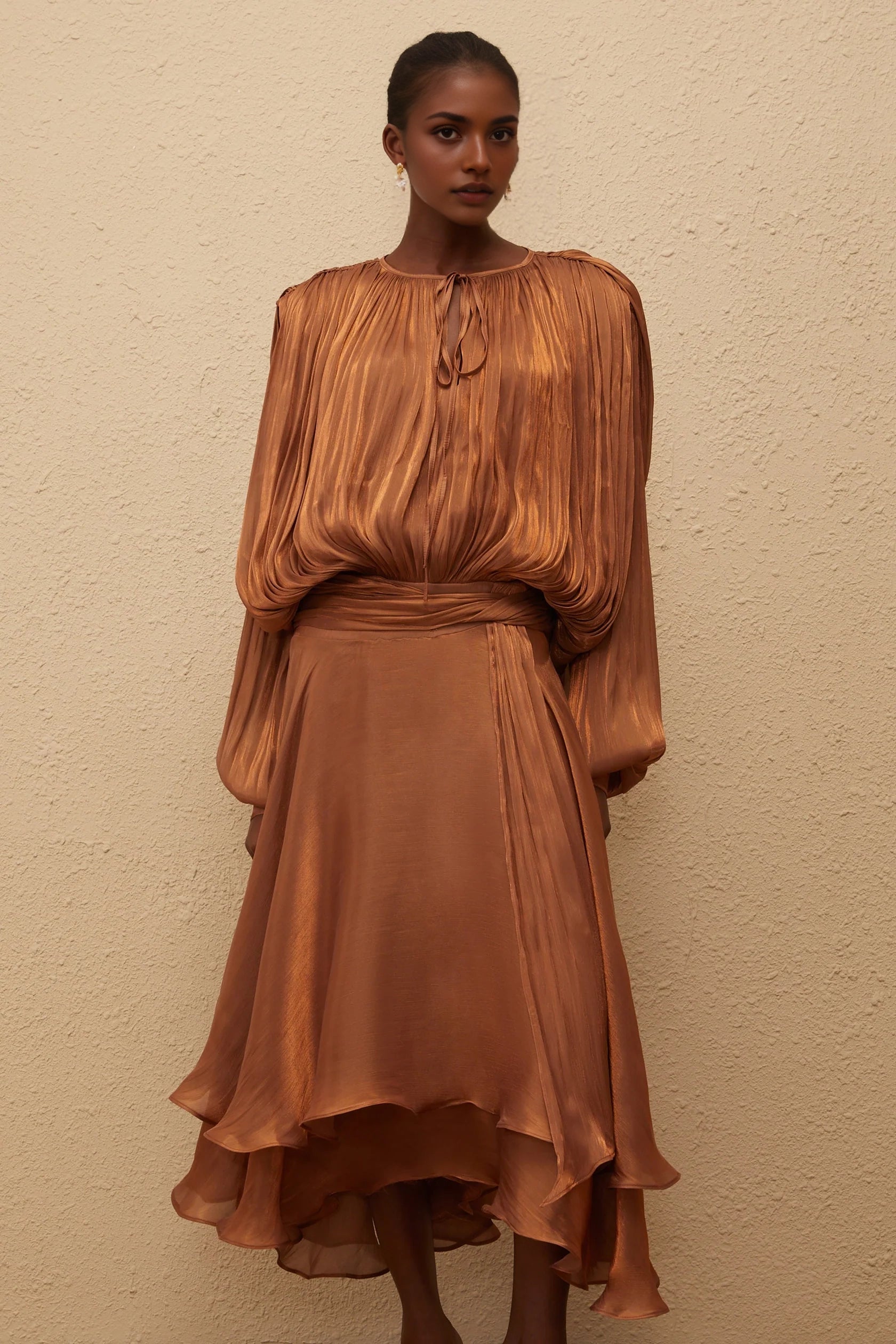 Brown Long Sleeve Midi Dress with Ruffled Hem Pleated Ruffle Maxi Dress in Brown   Evening Dress