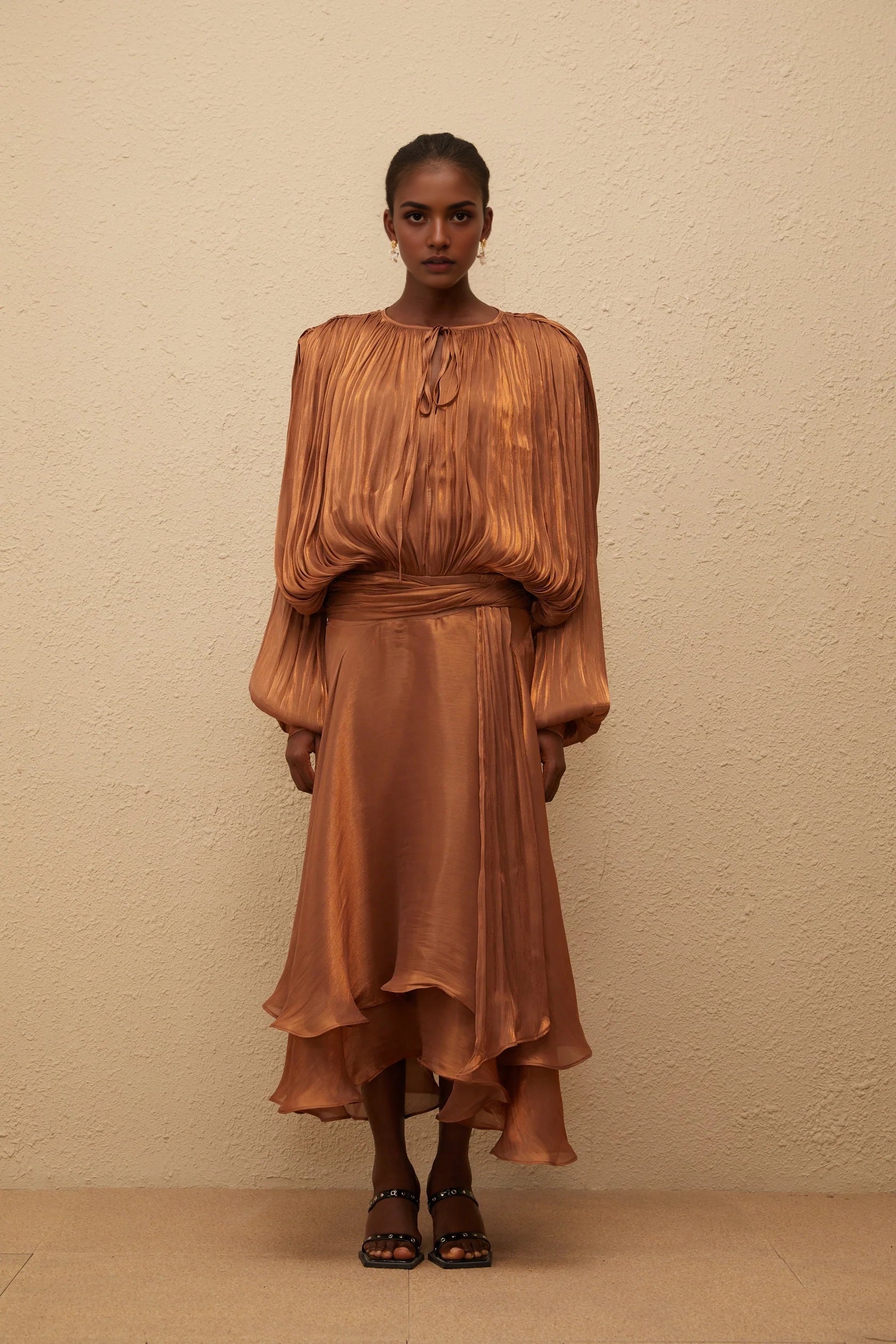 Brown Long Sleeve Midi Dress with Ruffled Hem Pleated Ruffle Maxi Dress in Brown   Evening Dress