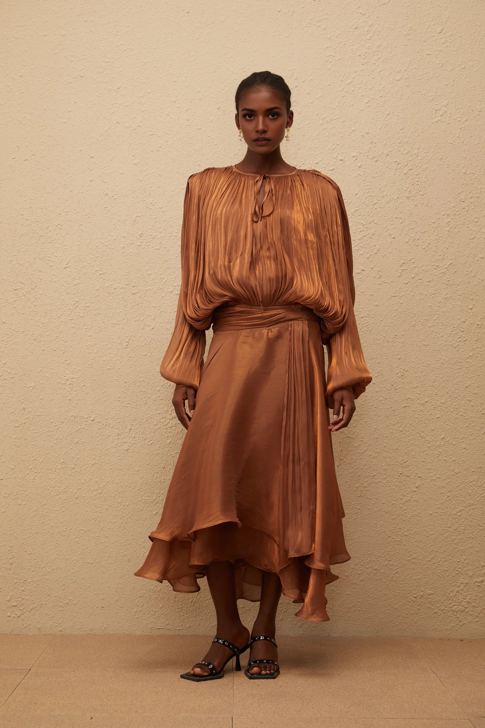 Brown Long Sleeve Midi Dress with Ruffled Hem Pleated Ruffle Maxi Dress in Brown   Evening Dress