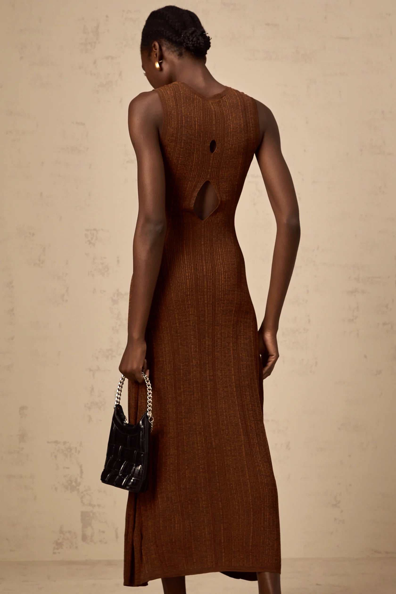 Brown Sleeveless Knit Maxi Dress with Back Cutout Aurore brown cut-out knitted midi dress Evening Dress