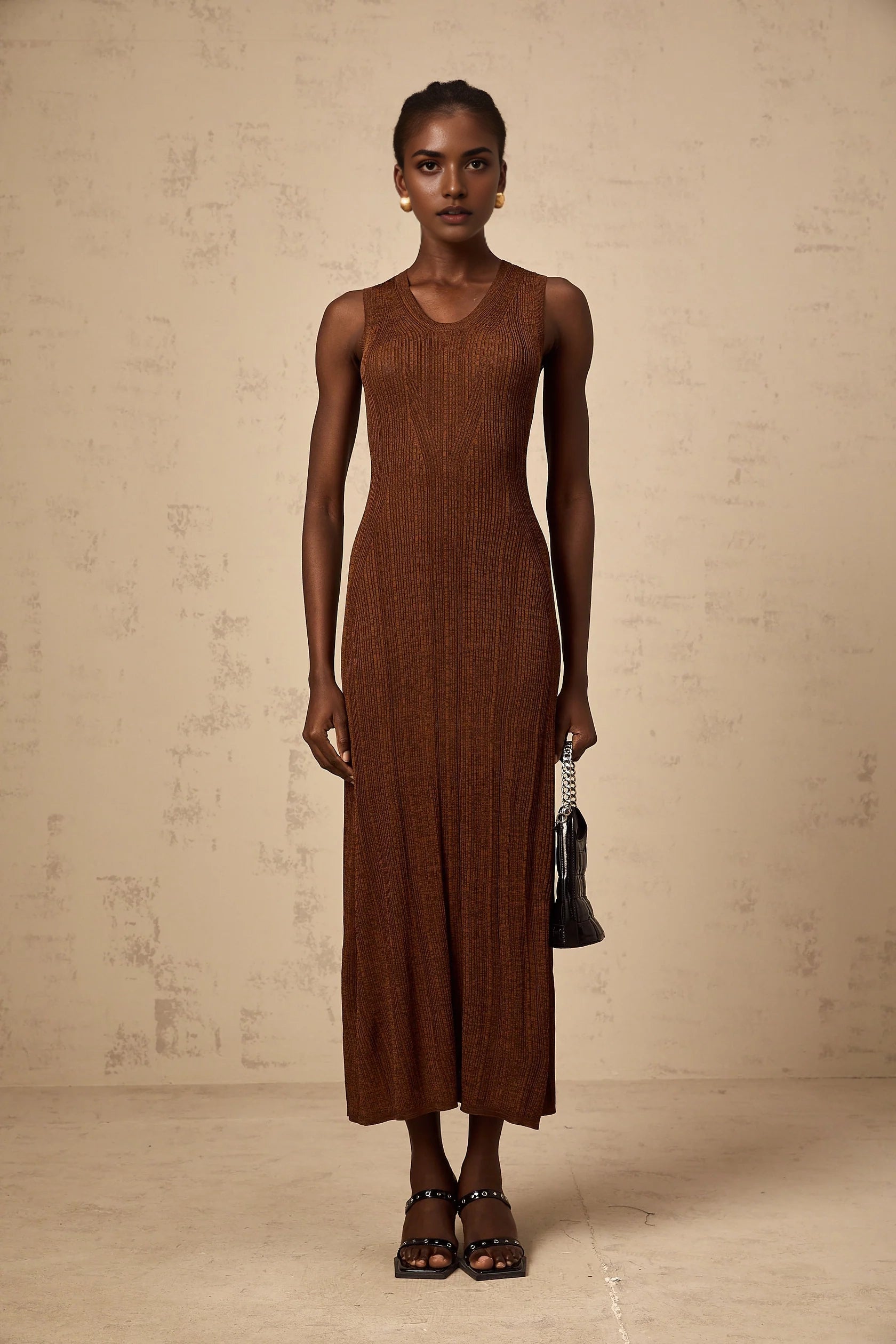 Brown Sleeveless Knit Maxi Dress with Back Cutout Aurore brown cut-out knitted midi dress Evening Dress