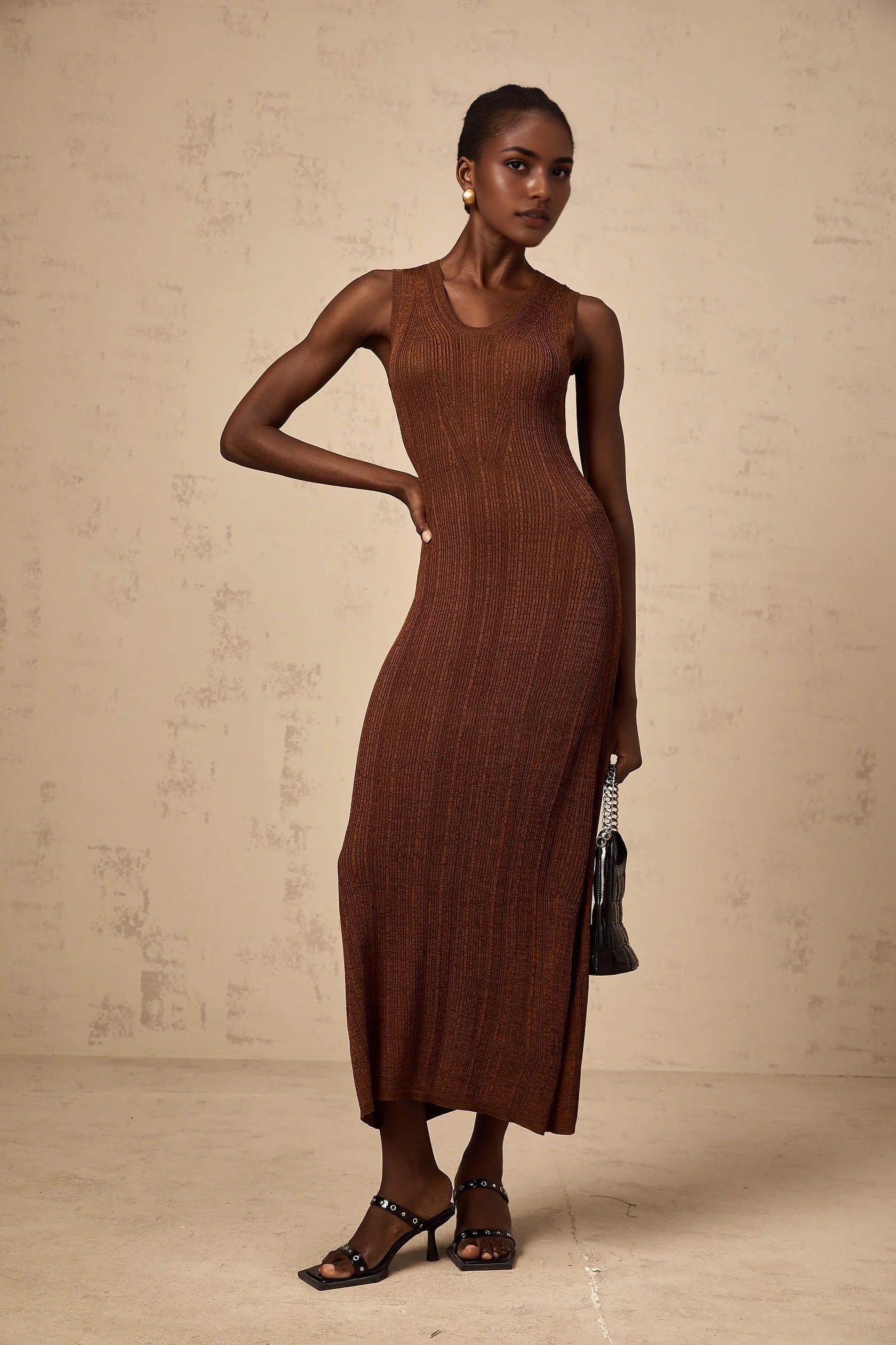 Brown Sleeveless Knit Maxi Dress with Back Cutout Aurore brown cut-out knitted midi dress Evening Dress
