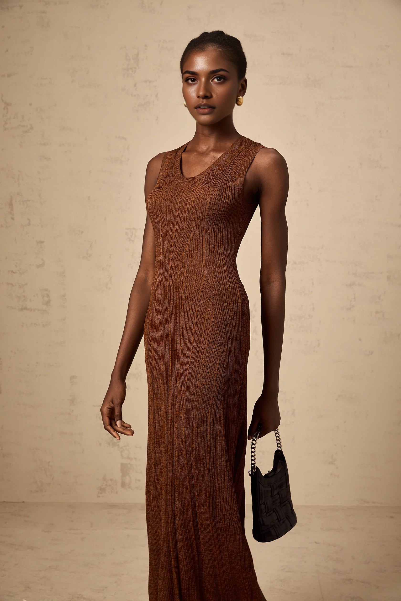 Brown Sleeveless Knit Maxi Dress with Back Cutout Aurore brown cut-out knitted midi dress Evening Dress