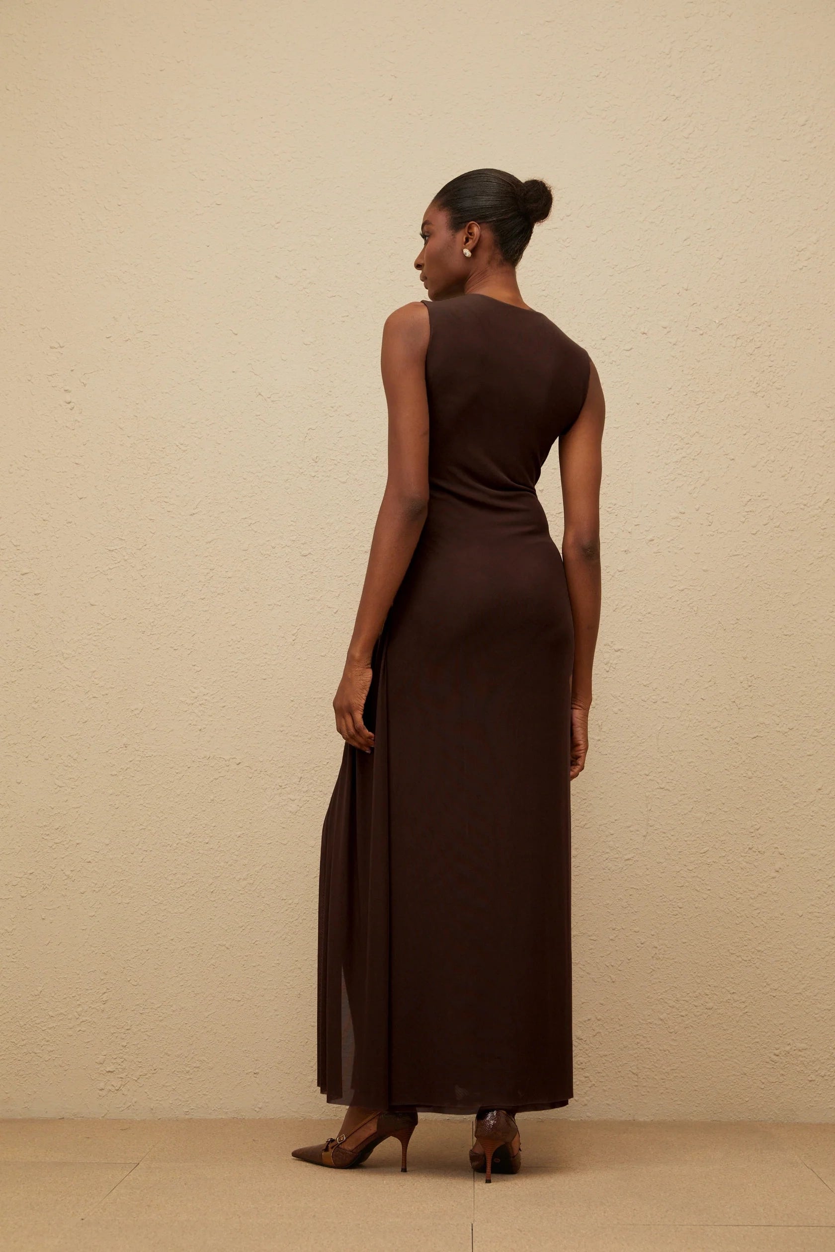 Brown Sleeveless Woven Detail Maxi Dress with High Slit Brown Asymmetrical Braided Tulle Midi Dress Evening Dress