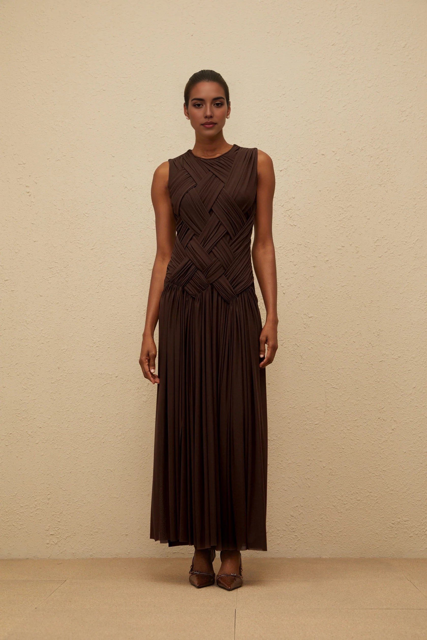 Brown Sleeveless Woven Detail Maxi Dress with High Slit Brown Asymmetrical Braided Tulle Midi Dress Evening Dress