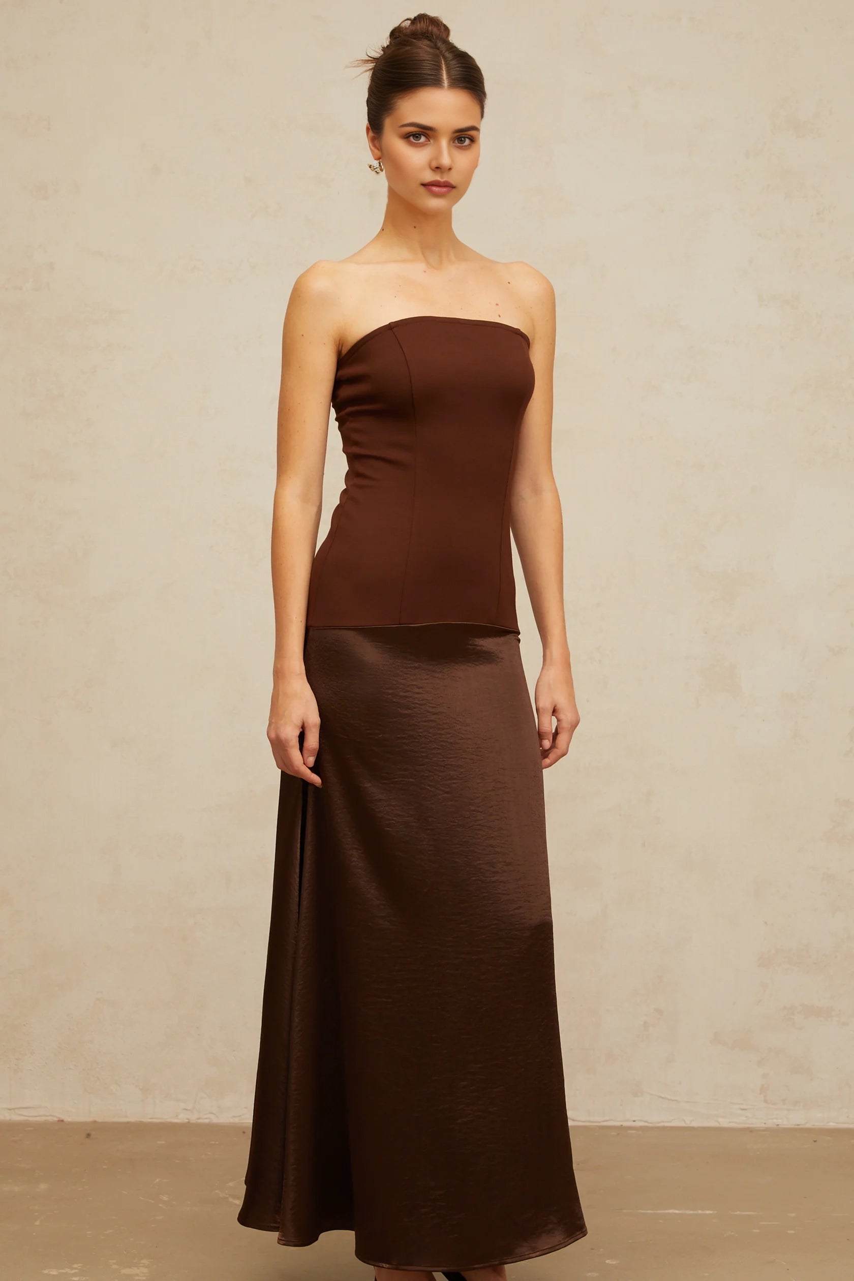Brown Strapless Satin Maxi Dress brown off-shoulder satin-panel maxi dress Evening Dress
