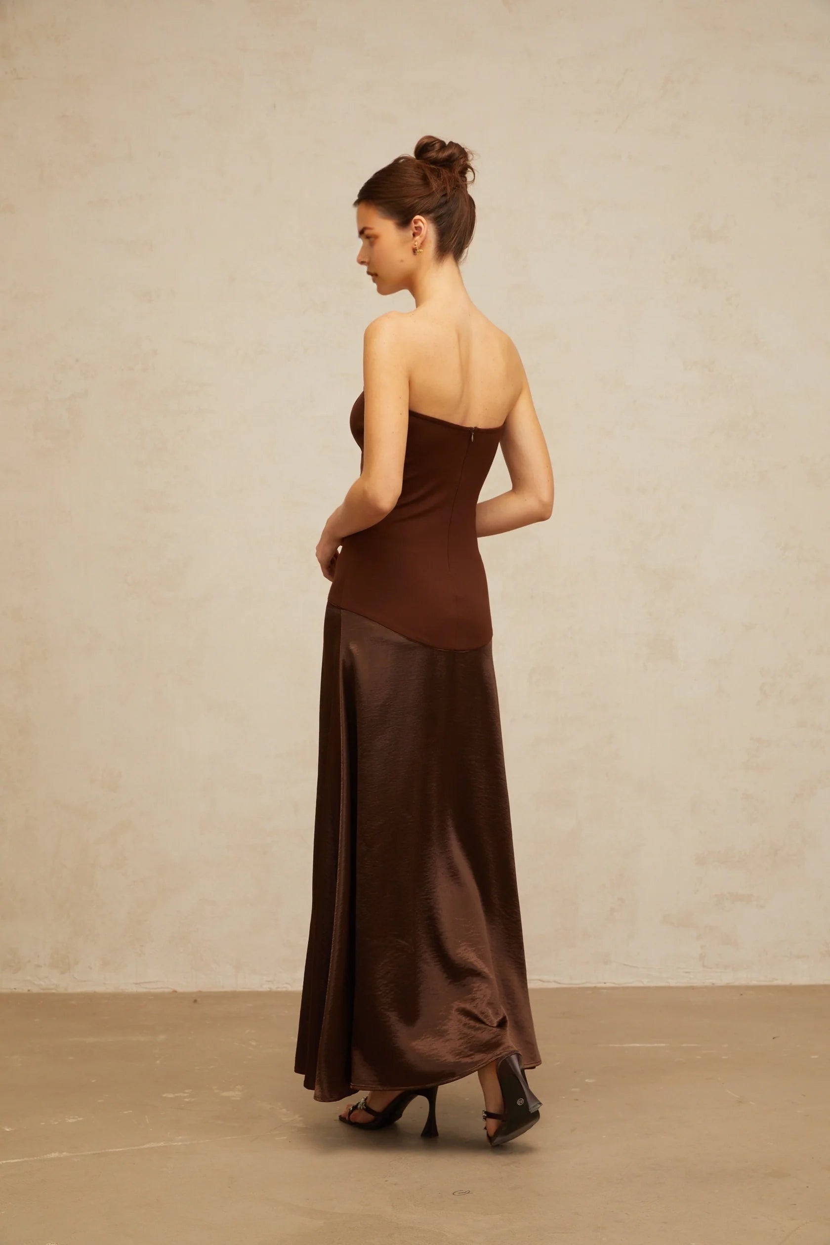 Brown Strapless Satin Maxi Dress brown off-shoulder satin-panel maxi dress Evening Dress