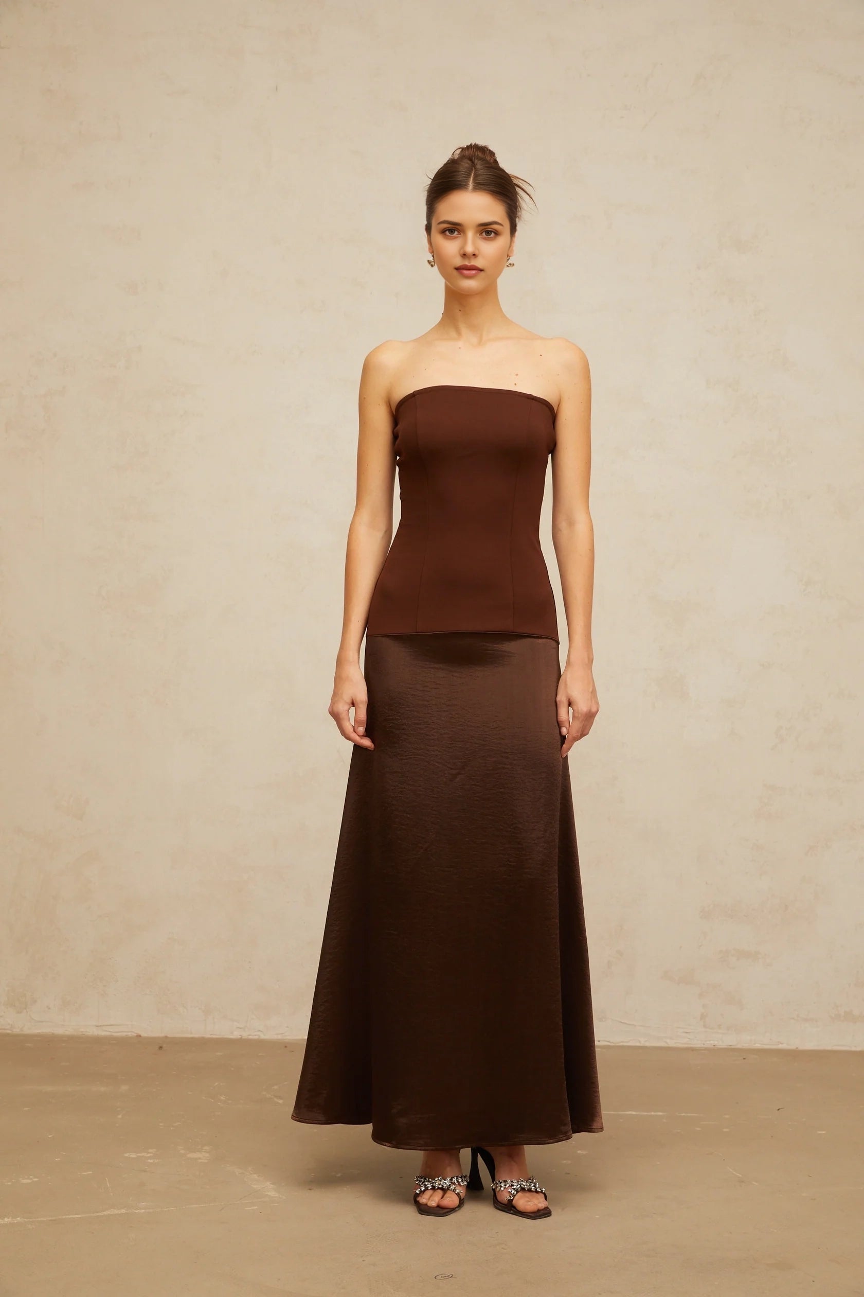Brown Strapless Satin Maxi Dress brown off-shoulder satin-panel maxi dress Evening Dress