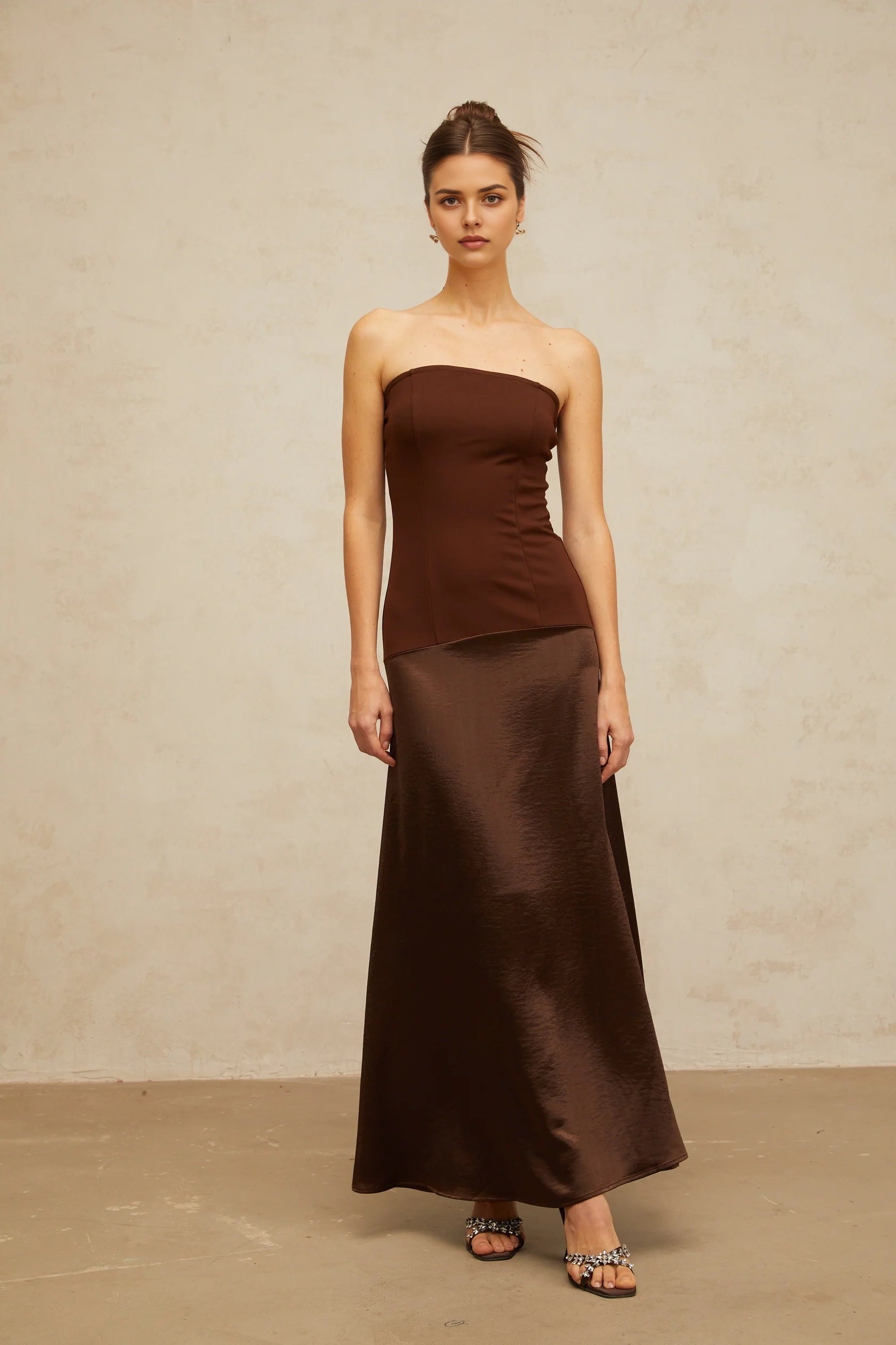 Brown Strapless Satin Maxi Dress brown off-shoulder satin-panel maxi dress Evening Dress