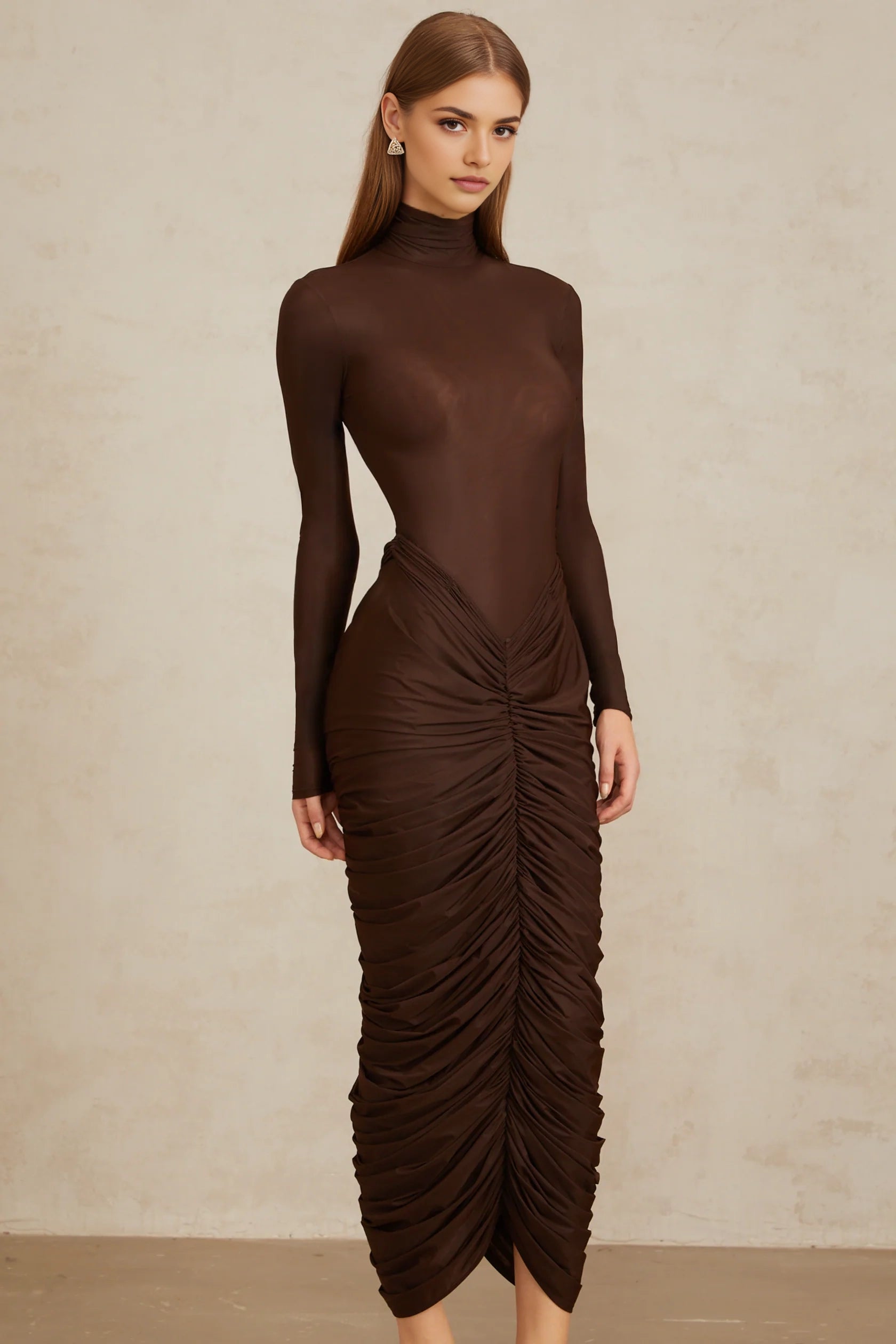 Brown Turtleneck Ruched Midi Dress Brown Fitted Ruched Midi Dress Evening Dress