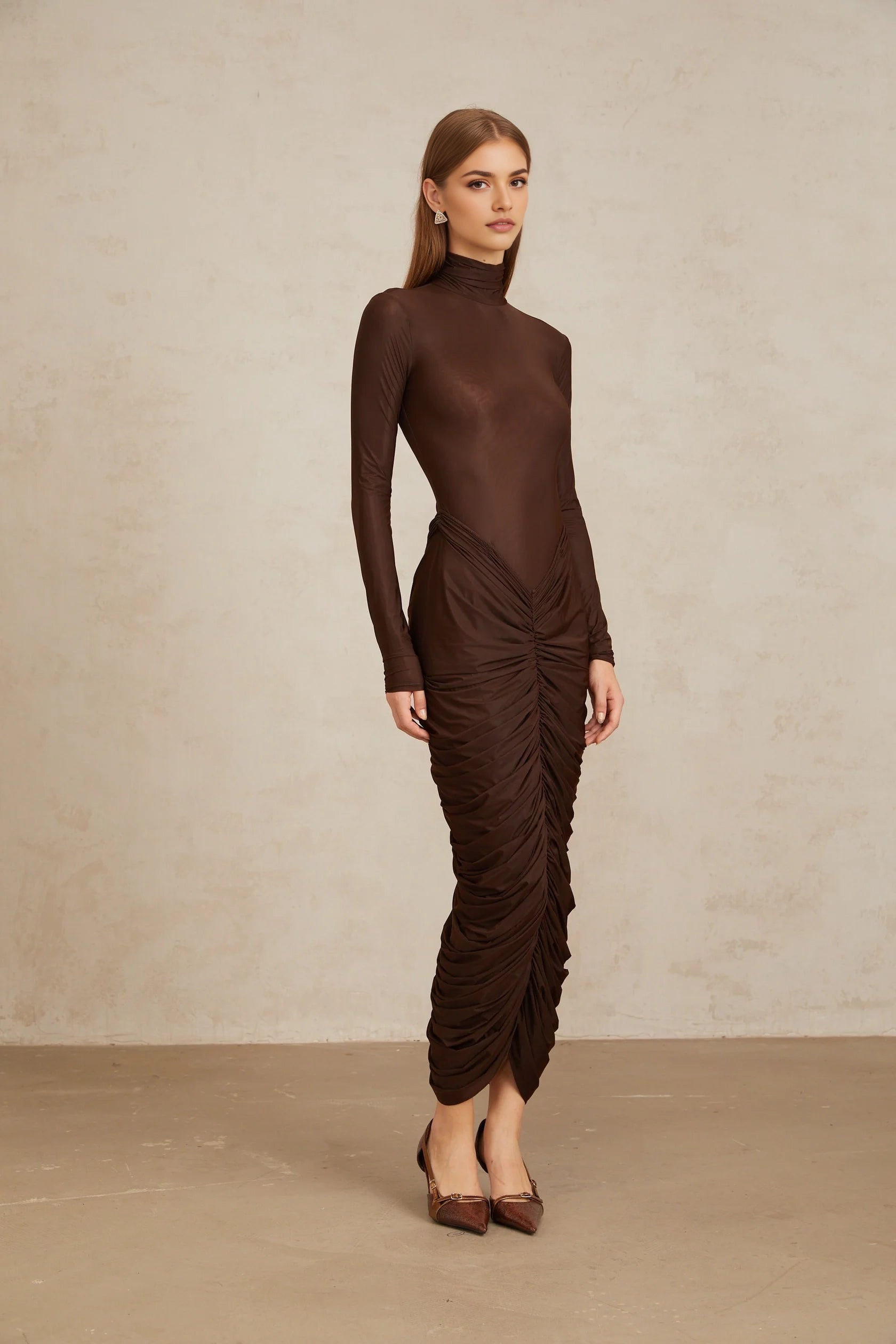 Brown Turtleneck Ruched Midi Dress Brown Fitted Ruched Midi Dress Evening Dress