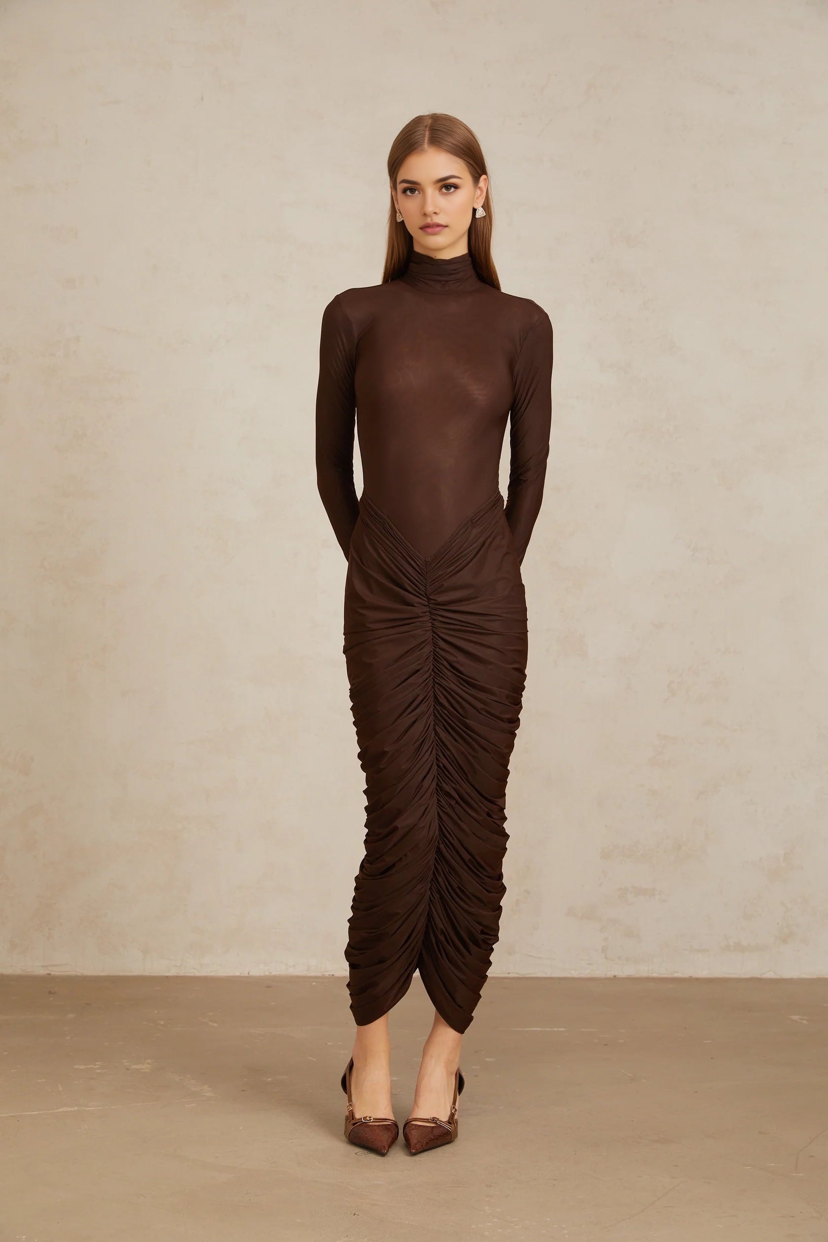 Brown Turtleneck Ruched Midi Dress Brown Fitted Ruched Midi Dress Evening Dress