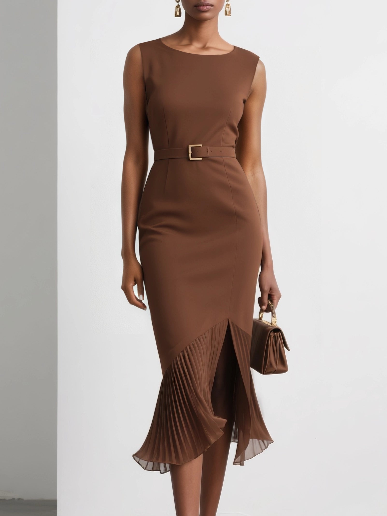 Brown Pleated Slit Classic Boat Neck Sleeveless Mermaid Midi Dress simple gentle atmospheric and unique desi Bring summer colors to enhance whiteness