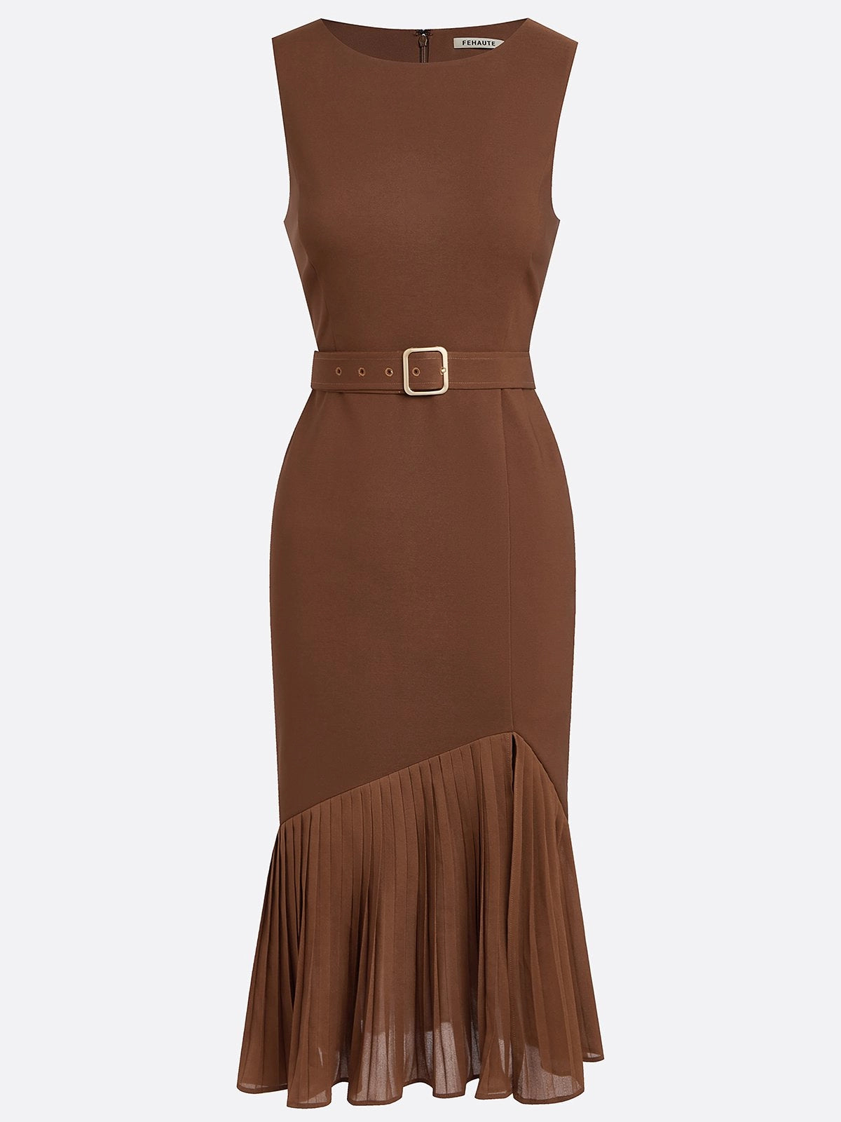 Brown Pleated Slit Classic Boat Neck Sleeveless Mermaid Midi Dress simple gentle atmospheric and unique desi Bring summer colors to enhance whiteness