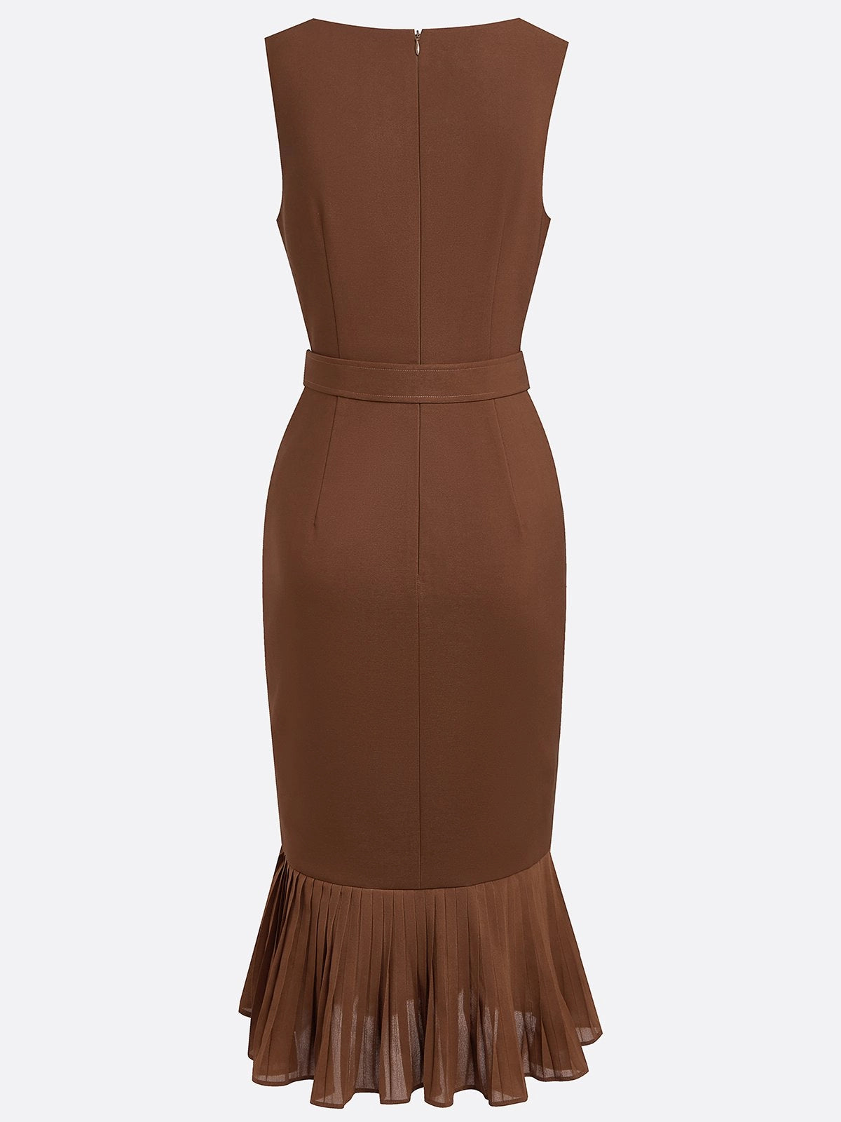 Brown Pleated Slit Classic Boat Neck Sleeveless Mermaid Midi Dress simple gentle atmospheric and unique desi Bring summer colors to enhance whiteness