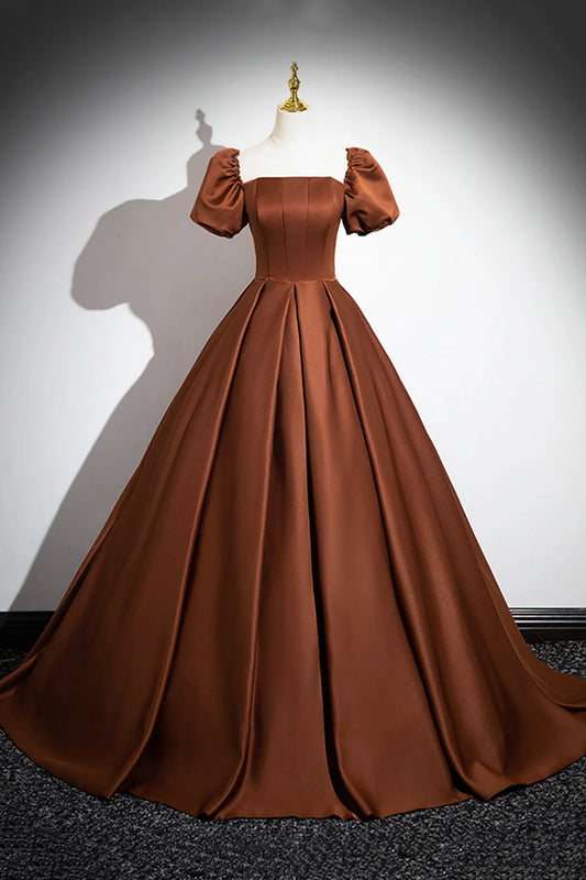 Brown Satin Long A-Line Prom Dress Off the Shoulder Evening Party Dress simple gentle atmospheric and unique desi Bring summer colors to enhance white