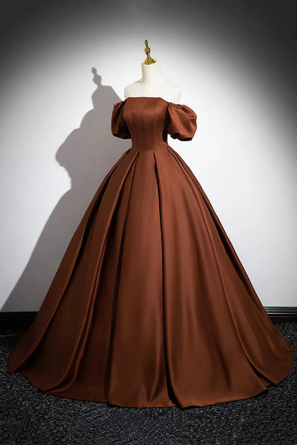 Brown Satin Long A-Line Prom Dress Off the Shoulder Evening Party Dress simple gentle atmospheric and unique desi Bring summer colors to enhance white