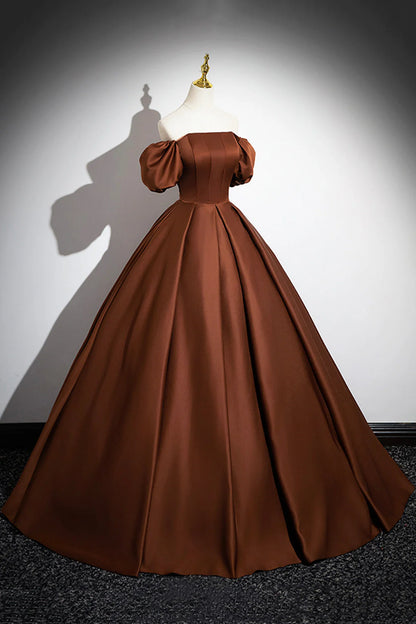 Brown Satin Long A-Line Prom Dress Off the Shoulder Evening Party Dress simple gentle atmospheric and unique desi Bring summer colors to enhance white
