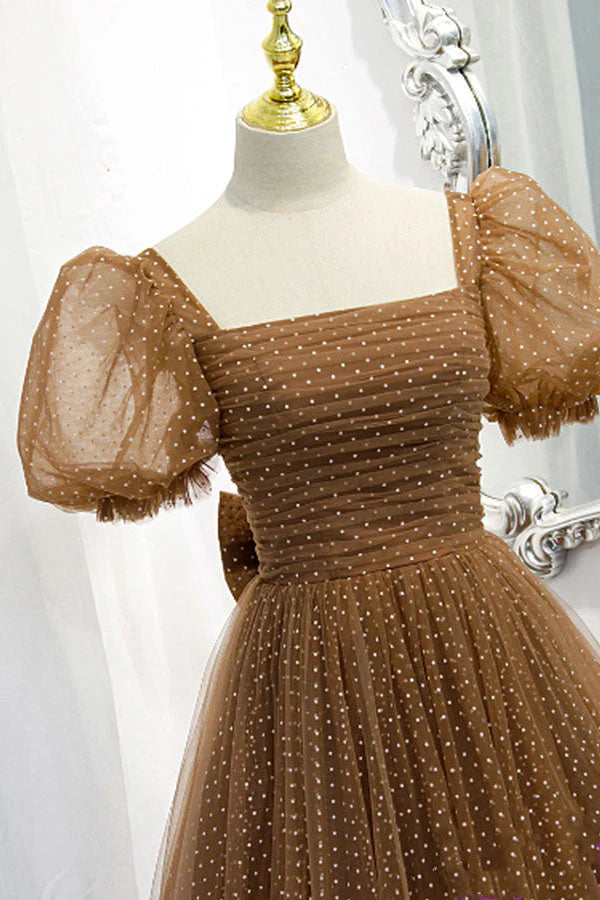 Brown Short Puff Sleeve Formal Dress With White Dots simple gentle atmospheric and unique desi Bring summer colors to enhance whiteness