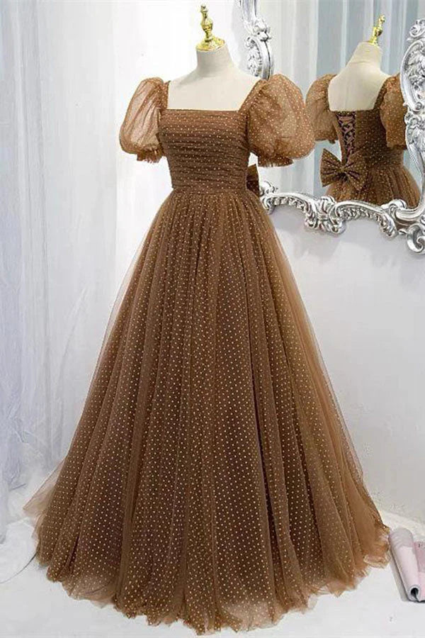 Brown Short Puff Sleeve Formal Dress With White Dots simple gentle atmospheric and unique desi Bring summer colors to enhance whiteness