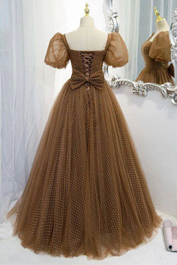 Brown Short Puff Sleeve Formal Dress With White Dots simple gentle atmospheric and unique desi Bring summer colors to enhance whiteness