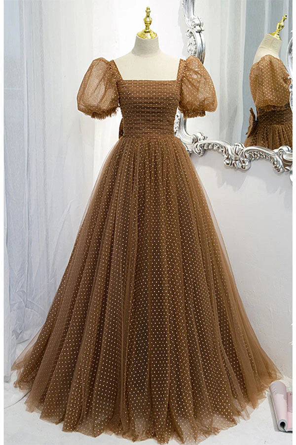 Brown Short Puff Sleeve Formal Dress With White Dots simple gentle atmospheric and unique desi Bring summer colors to enhance whiteness