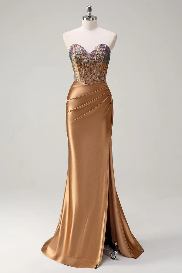 Brown Sweetheart Beaded Mermaid Satin Prom Dress with Slit simple gentle atmospheric and unique desi Bring summer colors to enhance whiteness