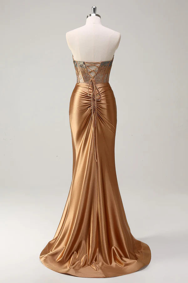 Brown Sweetheart Beaded Mermaid Satin Prom Dress with Slit simple gentle atmospheric and unique desi Bring summer colors to enhance whiteness