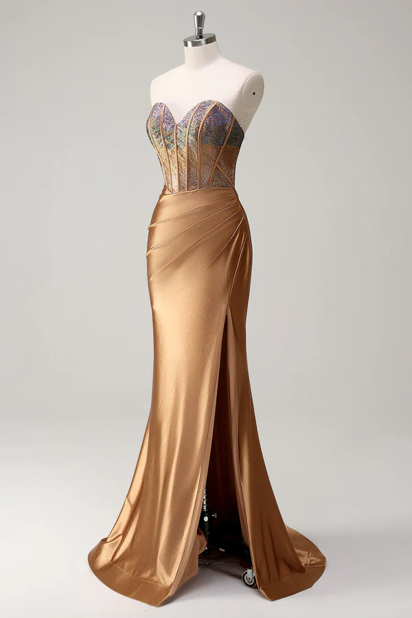 Brown Sweetheart Beaded Mermaid Satin Prom Dress with Slit simple gentle atmospheric and unique desi Bring summer colors to enhance whiteness