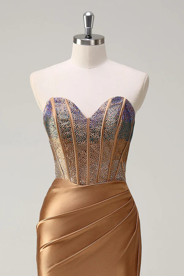 Brown Sweetheart Beaded Mermaid Satin Prom Dress with Slit simple gentle atmospheric and unique desi Bring summer colors to enhance whiteness