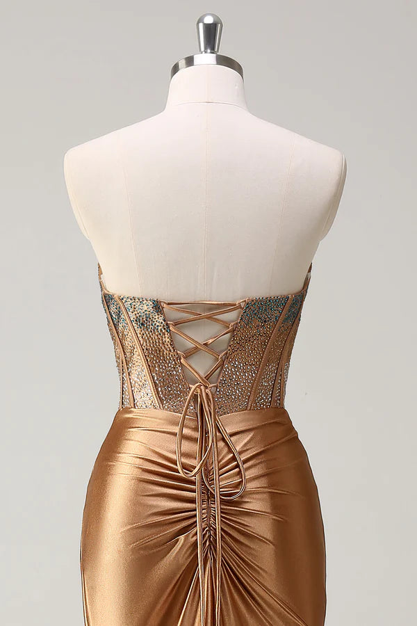 Brown Sweetheart Beaded Mermaid Satin Prom Dress with Slit simple gentle atmospheric and unique desi Bring summer colors to enhance whiteness