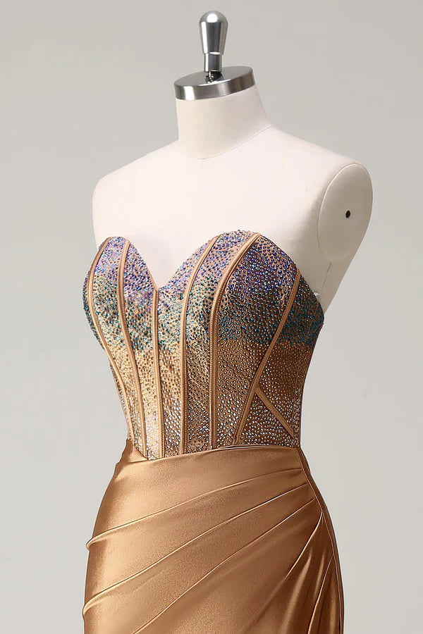 Brown Sweetheart Beaded Mermaid Satin Prom Dress with Slit simple gentle atmospheric and unique desi Bring summer colors to enhance whiteness