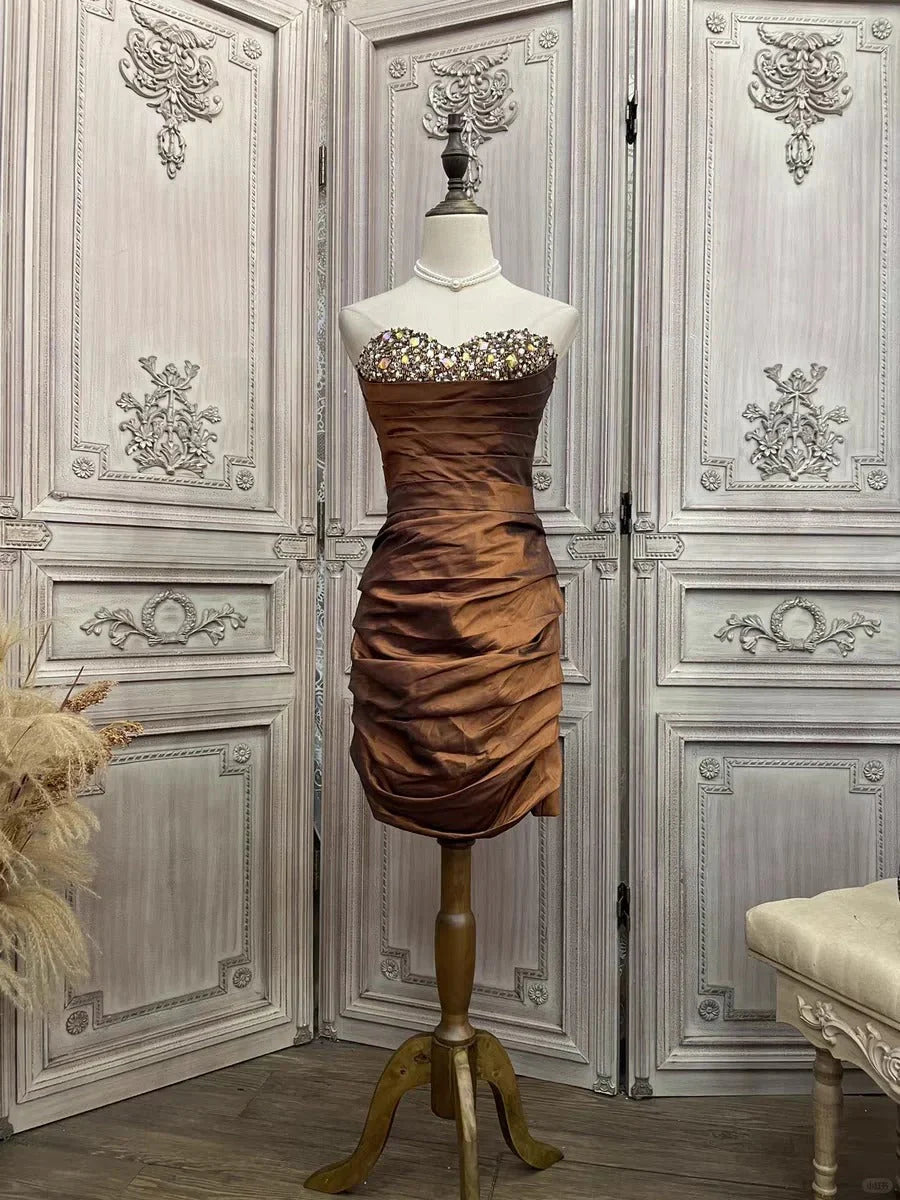 Brown rhinestone short satin homecoming dress prom party dress simple gentle atmospheric and unique desi Bring summer colors to enhance whiteness