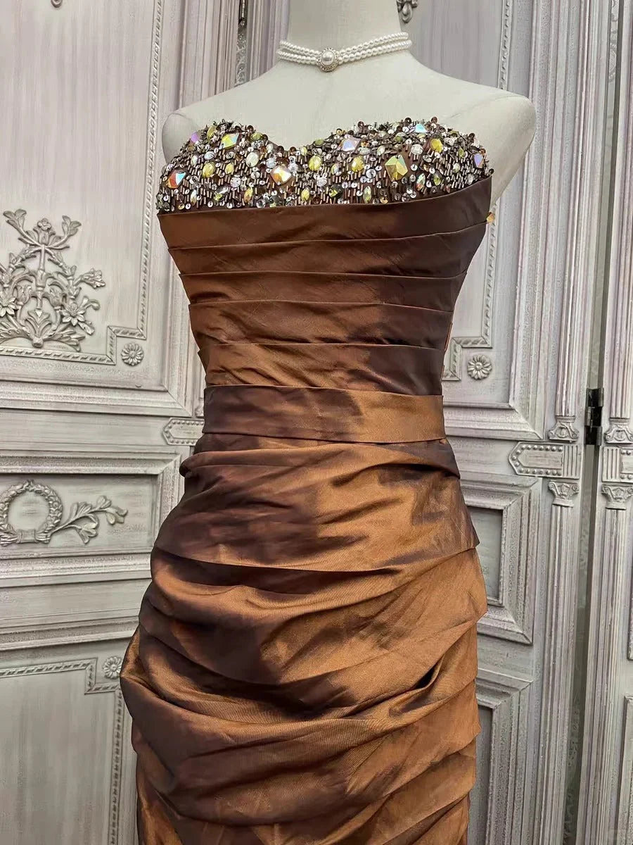 Brown rhinestone short satin homecoming dress prom party dress simple gentle atmospheric and unique desi Bring summer colors to enhance whiteness