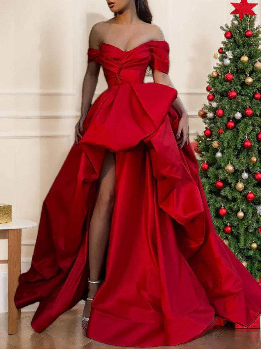 Brush Train Off Shoulder Sleeveless Prom Satin with Slit simple gentle atmospheric and unique desi Bring summer colors to enhance whiteness